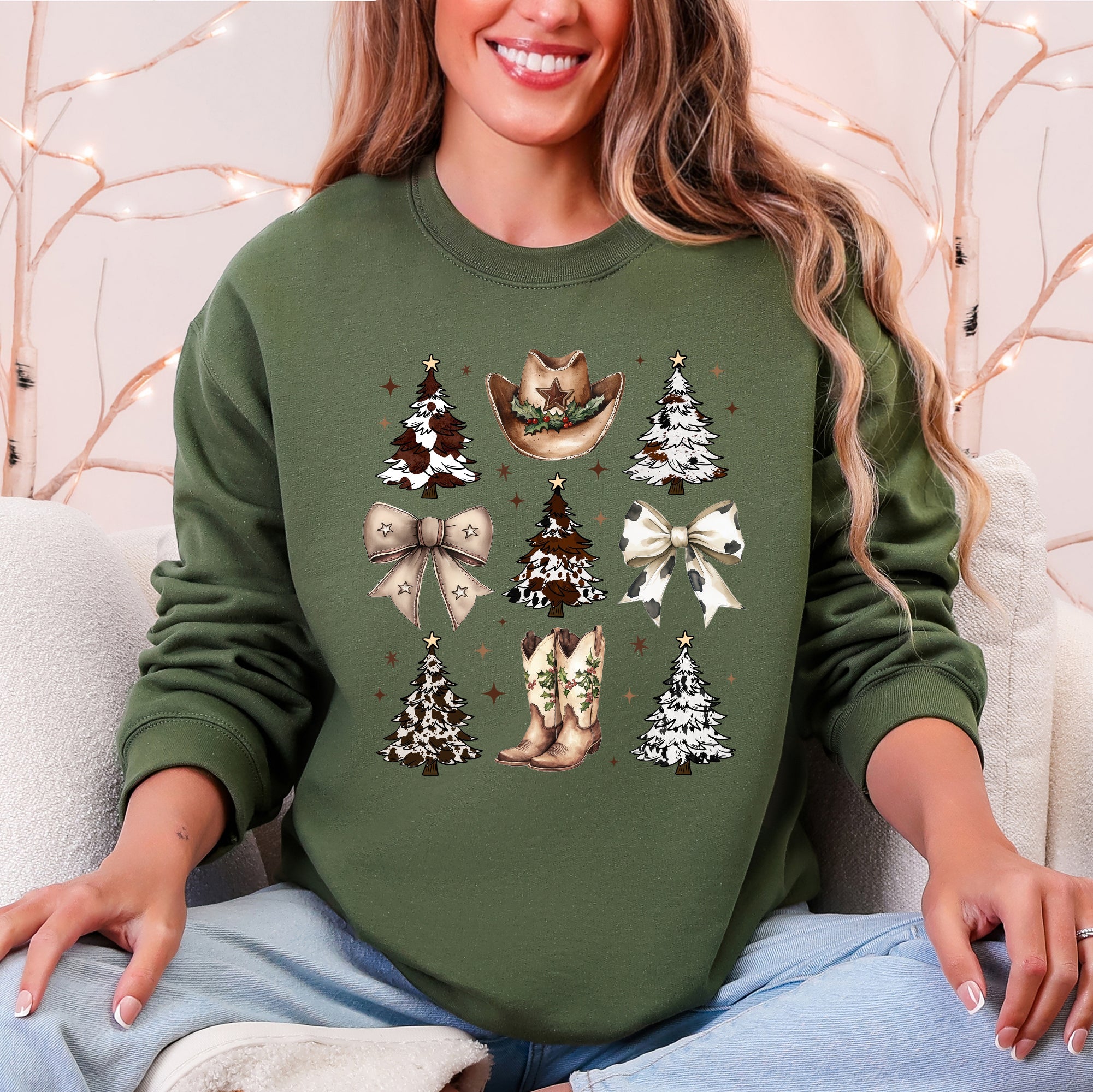 Cowboy Christmas Santa Western Trees Boots Hat Country Living Holiday Sweatshirt