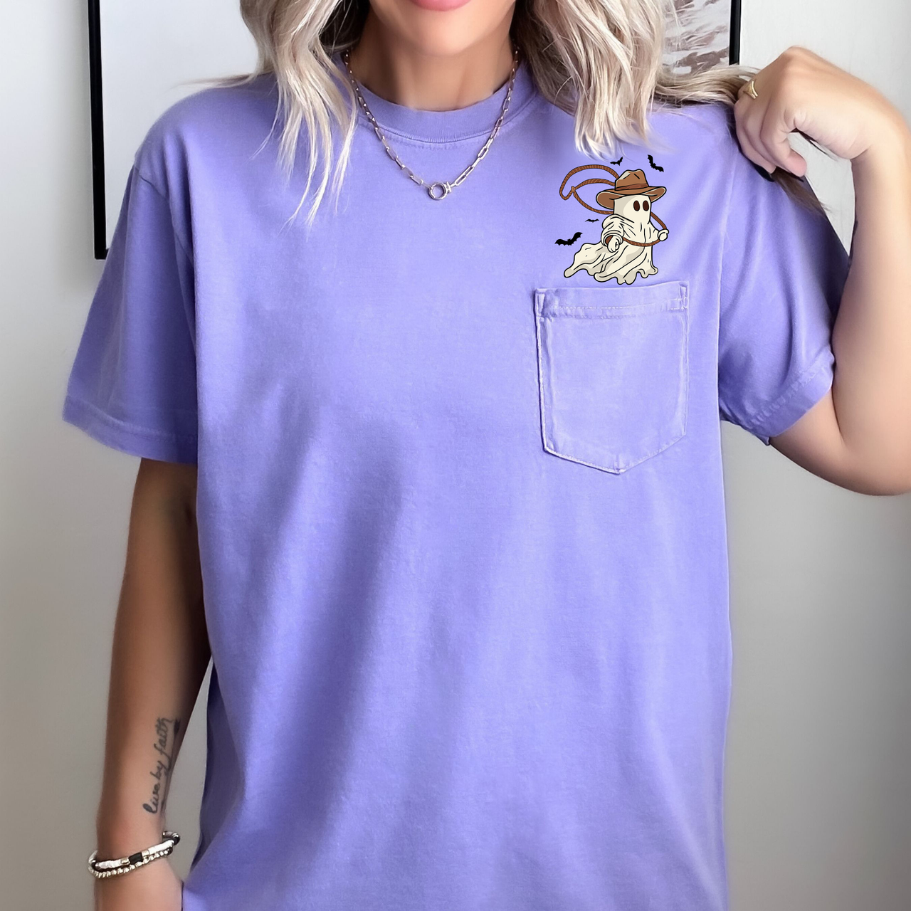 Cowboy Ghost Lasso Halloween Western Country Pocket Art Design Illustration Comfort Colors Tee