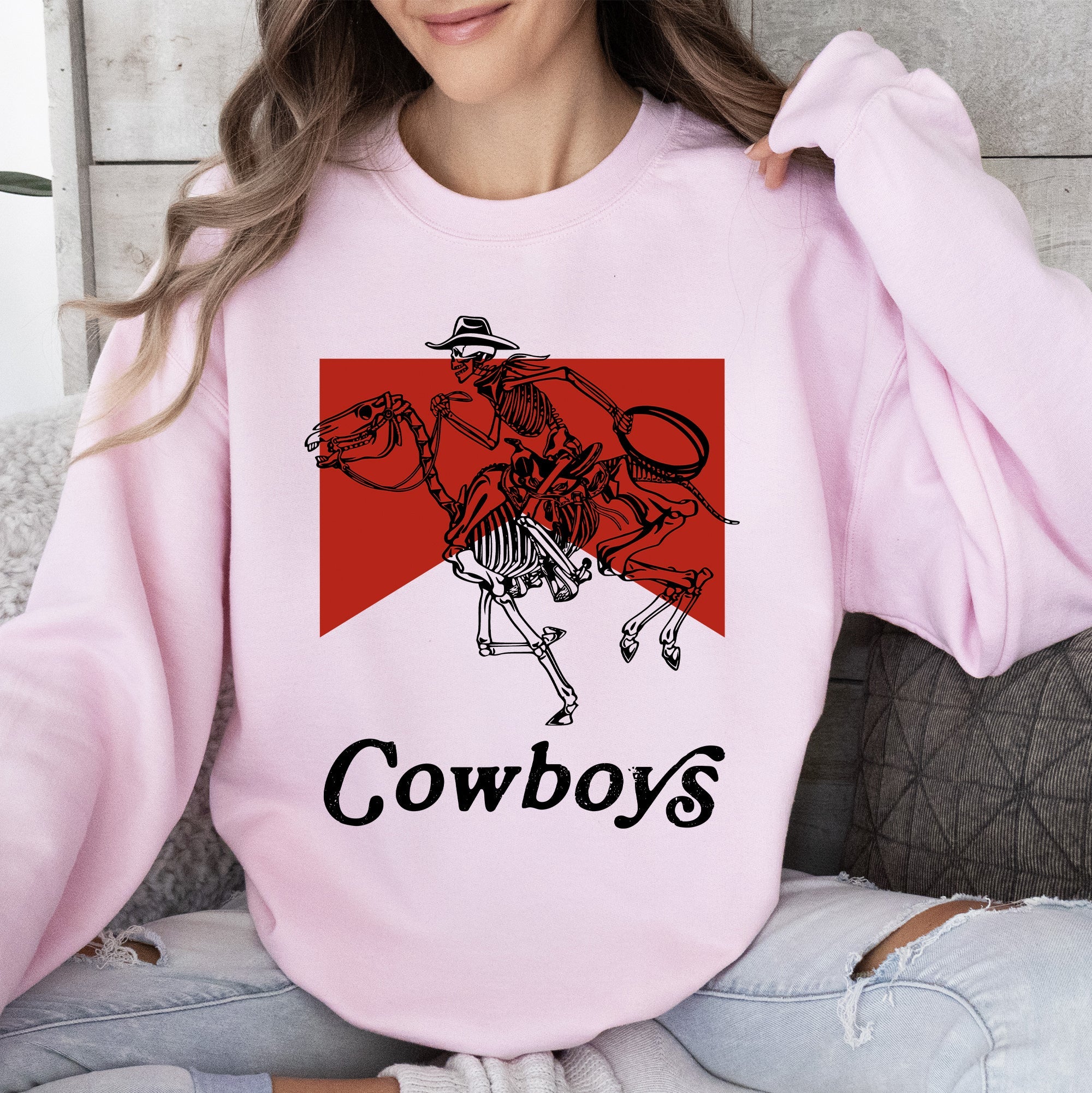 Cowboys Skeleton Horse Western Country Scene With Bold Vintage Graphic Sweatshirt