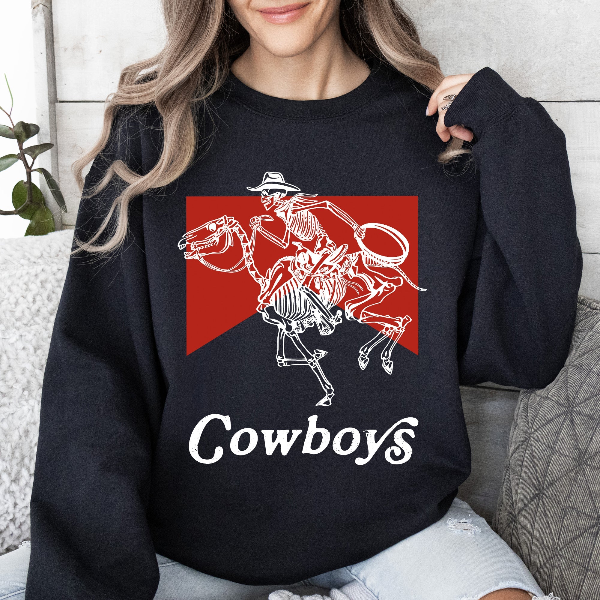 Cowboys Skeleton Horse Western Country Scene With Bold Vintage Graphic Sweatshirt