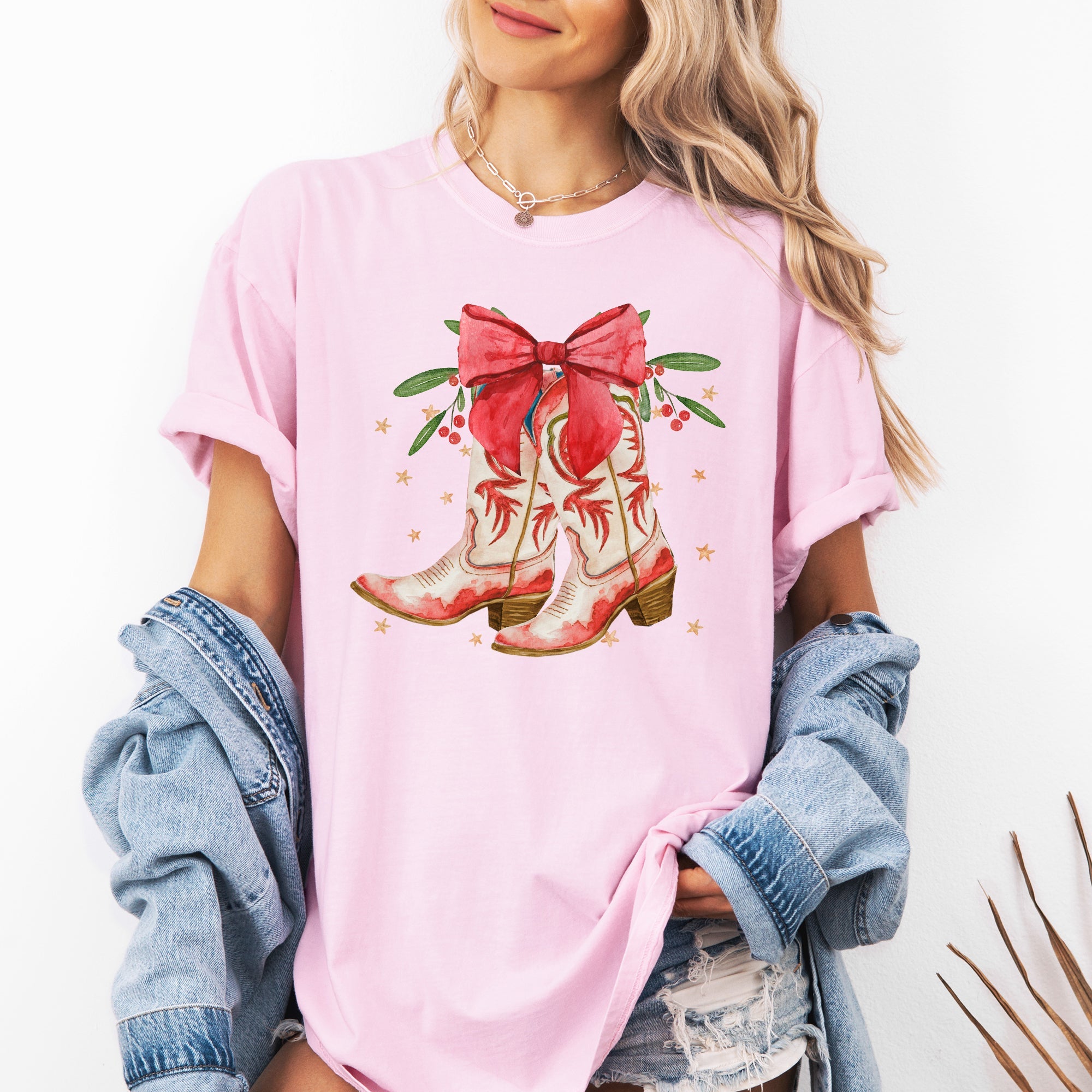 Cowgirl Boots Cowboy Bows Mistletoe Christmas Santa Country Western Xmas Comfort Colors Tee