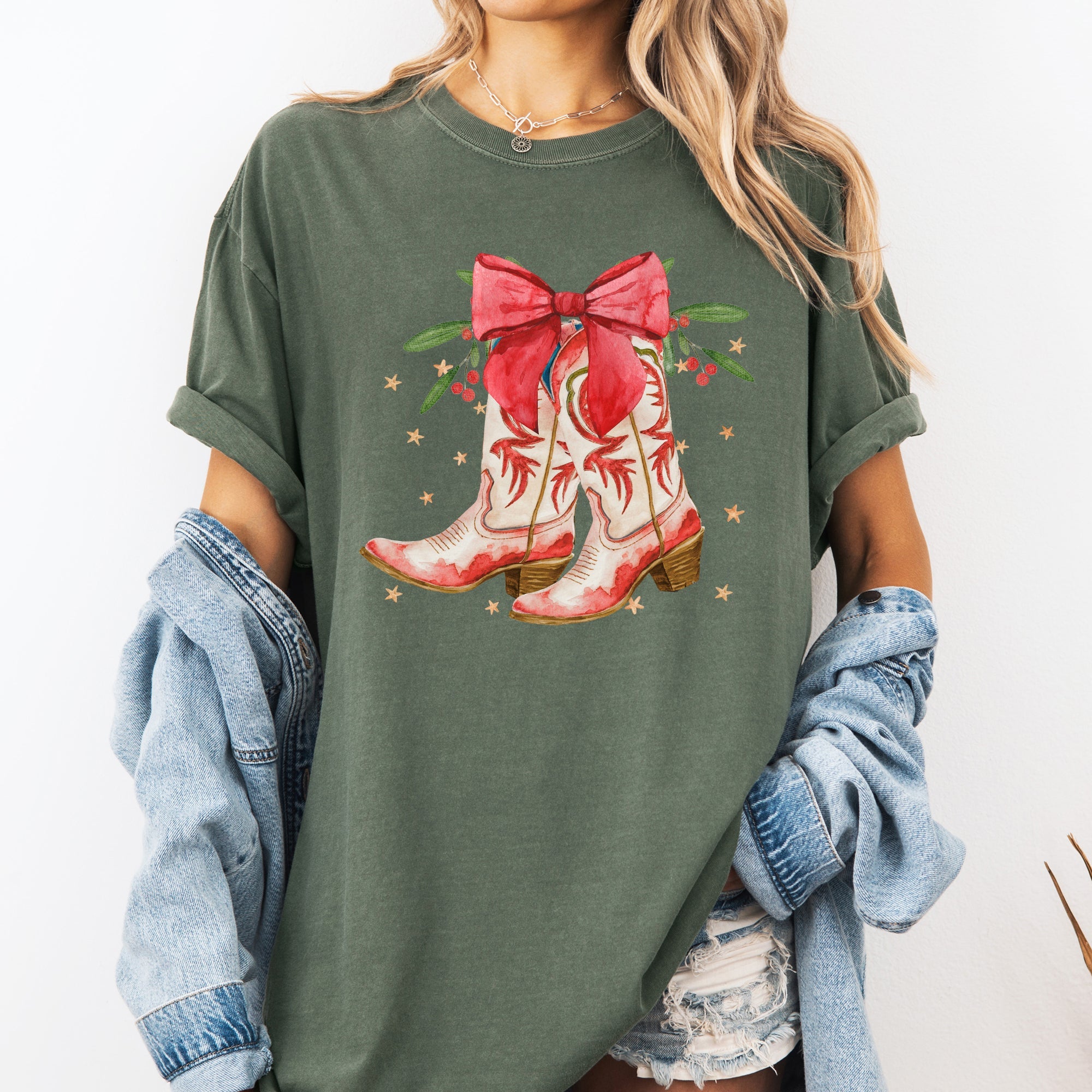 Cowgirl Boots Cowboy Bows Mistletoe Christmas Santa Country Western Xmas Comfort Colors Tee