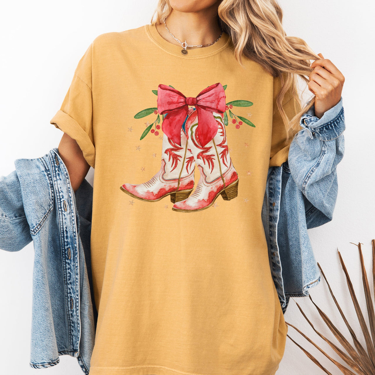 Cowgirl Boots Cowboy Bows Mistletoe Christmas Santa Country Western Xmas Comfort Colors Tee