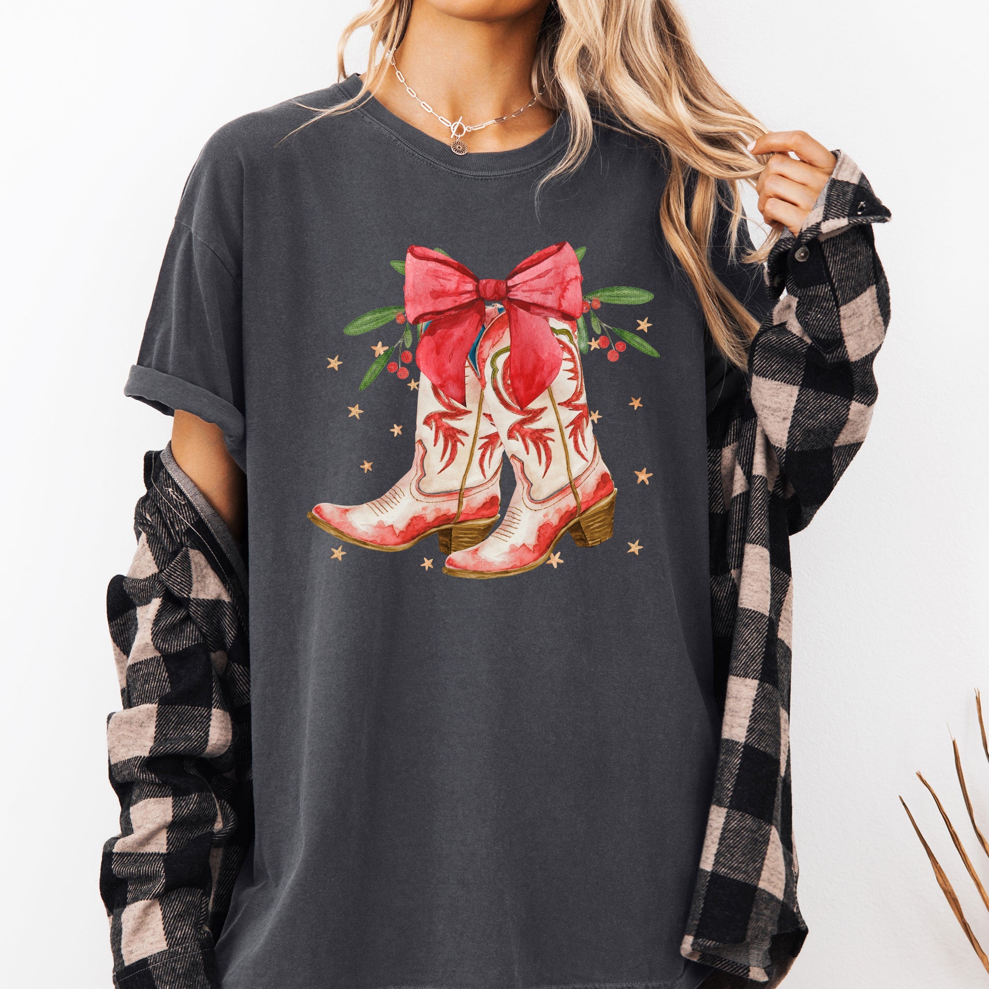 Cowgirl Boots Cowboy Bows Mistletoe Christmas Santa Country Western Xmas Comfort Colors Tee