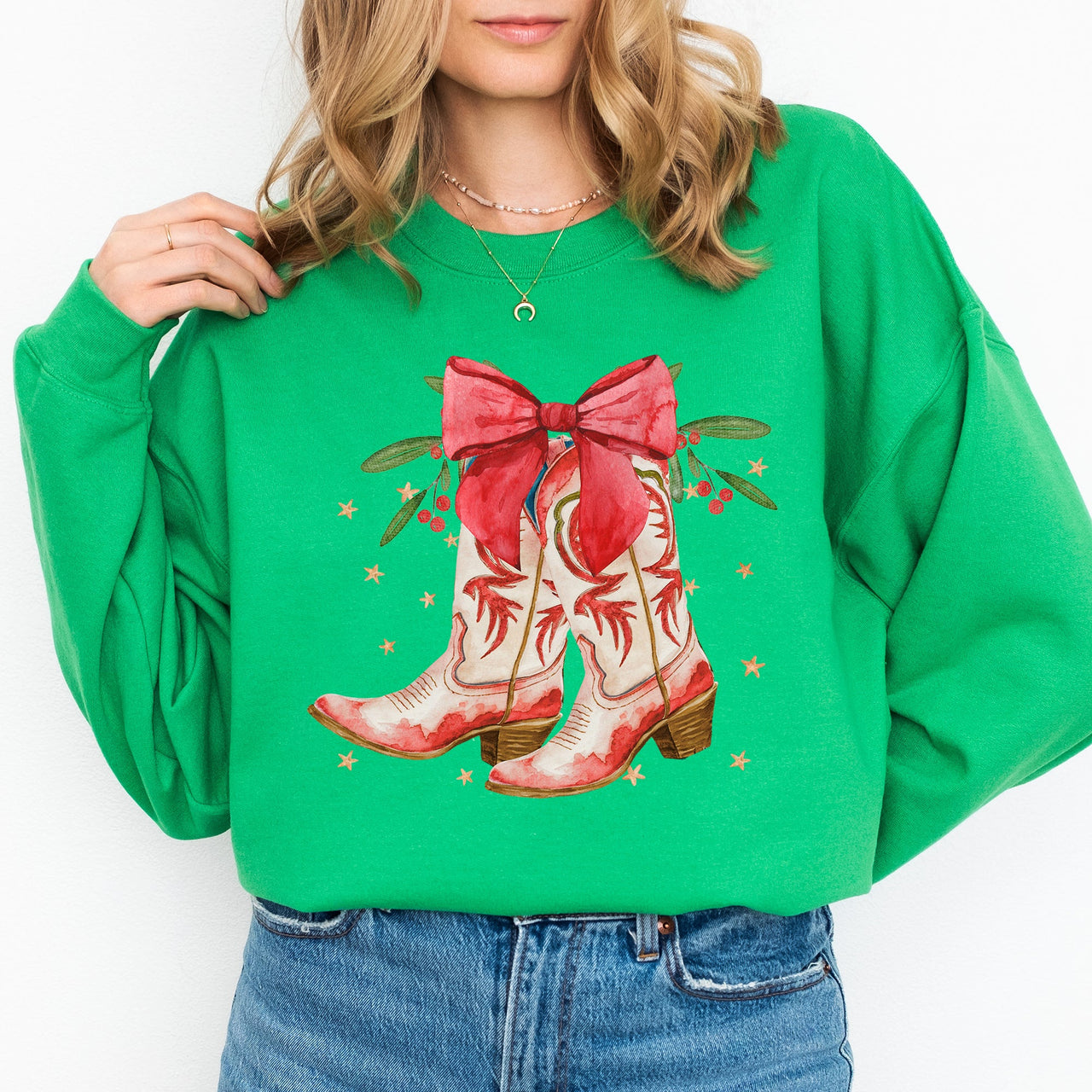 Cowgirl Boots Cowboy Bows Mistletoe Christmas Santa Country Western Style Sweatshirt