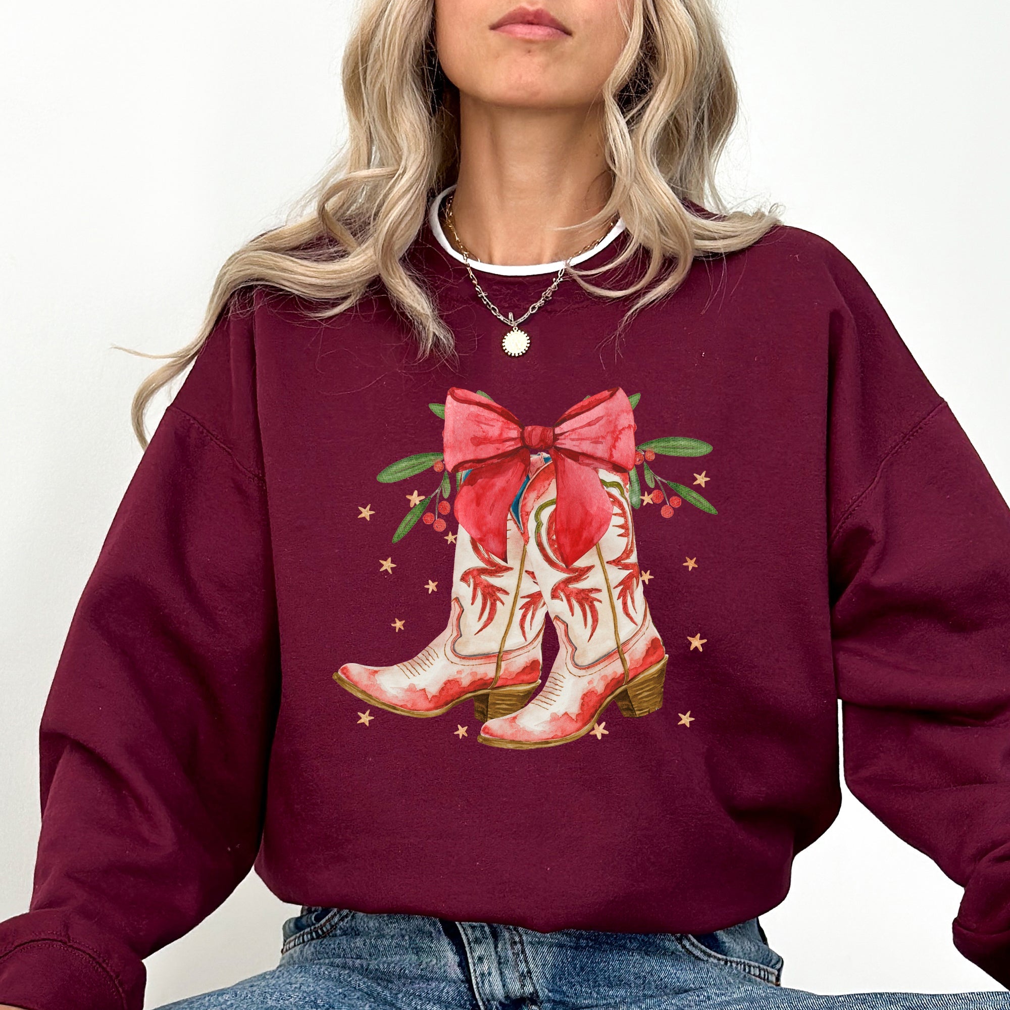 Cowgirl Boots Cowboy Bows Mistletoe Christmas Santa Country Western Style Sweatshirt
