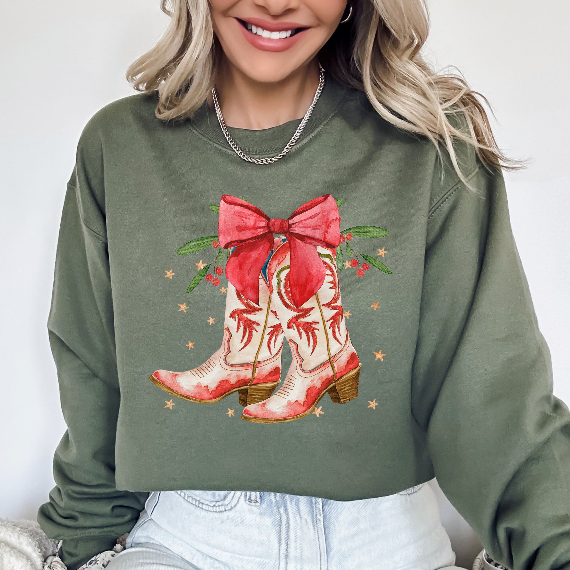 Cowgirl Boots Cowboy Bows Mistletoe Christmas Santa Country Western Style Sweatshirt