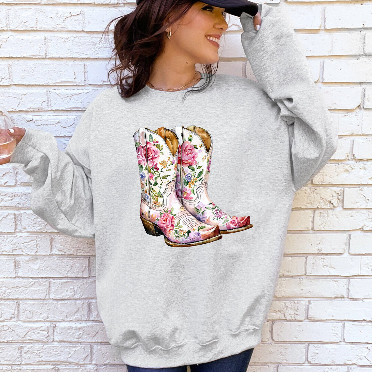 Cowgirl Boots Pink Floral Colorful Western Country Inspired Graphic Boho Style Sweatshirt