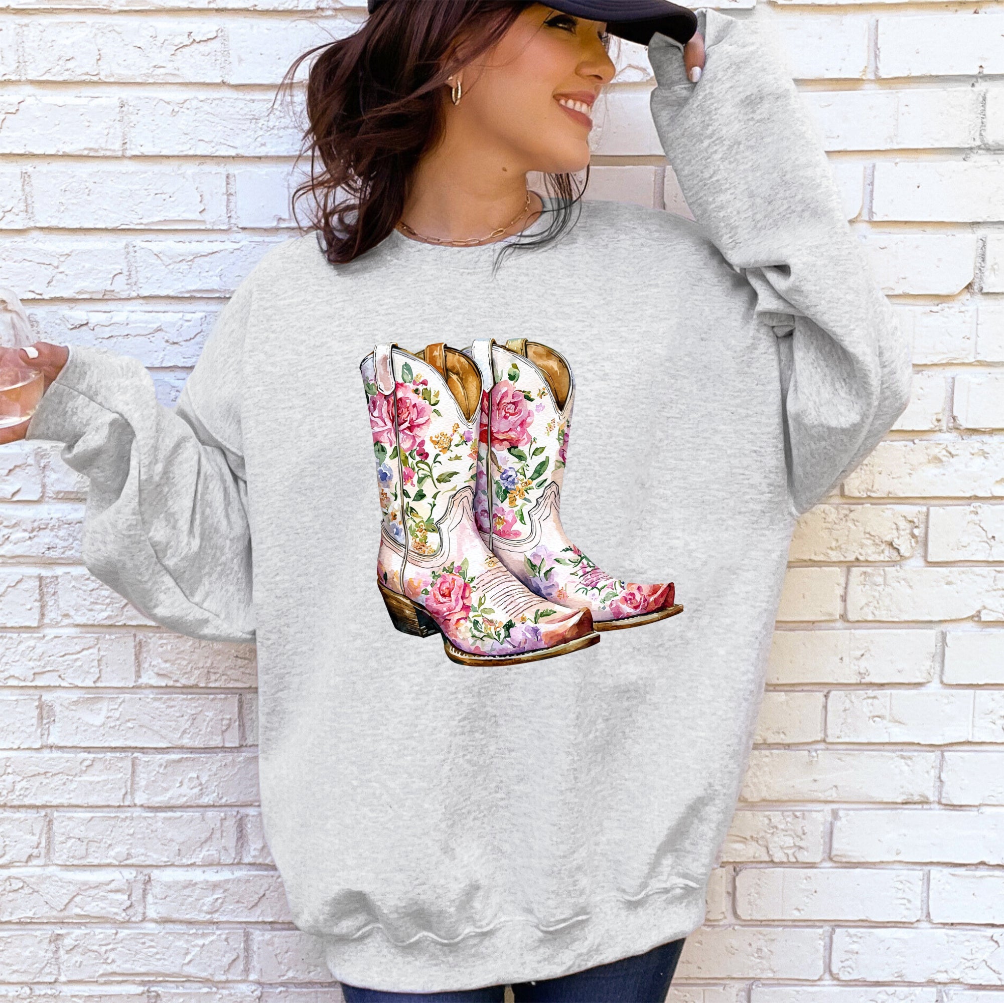 Cowgirl Boots Pink Floral Colorful Western Country Inspired Graphic Boho Style Sweatshirt