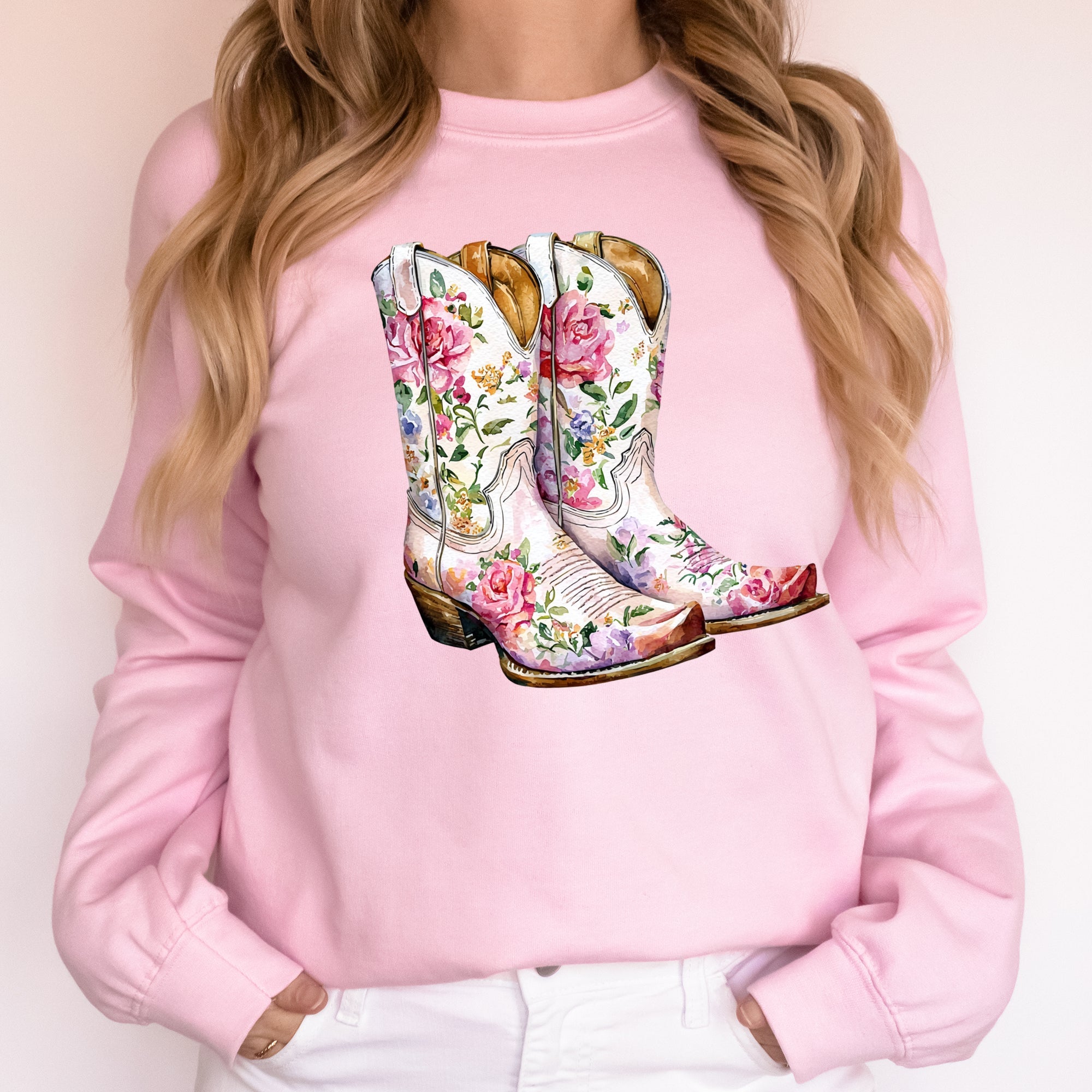 Cowgirl Boots Pink Floral Colorful Western Country Inspired Graphic Boho Style Sweatshirt