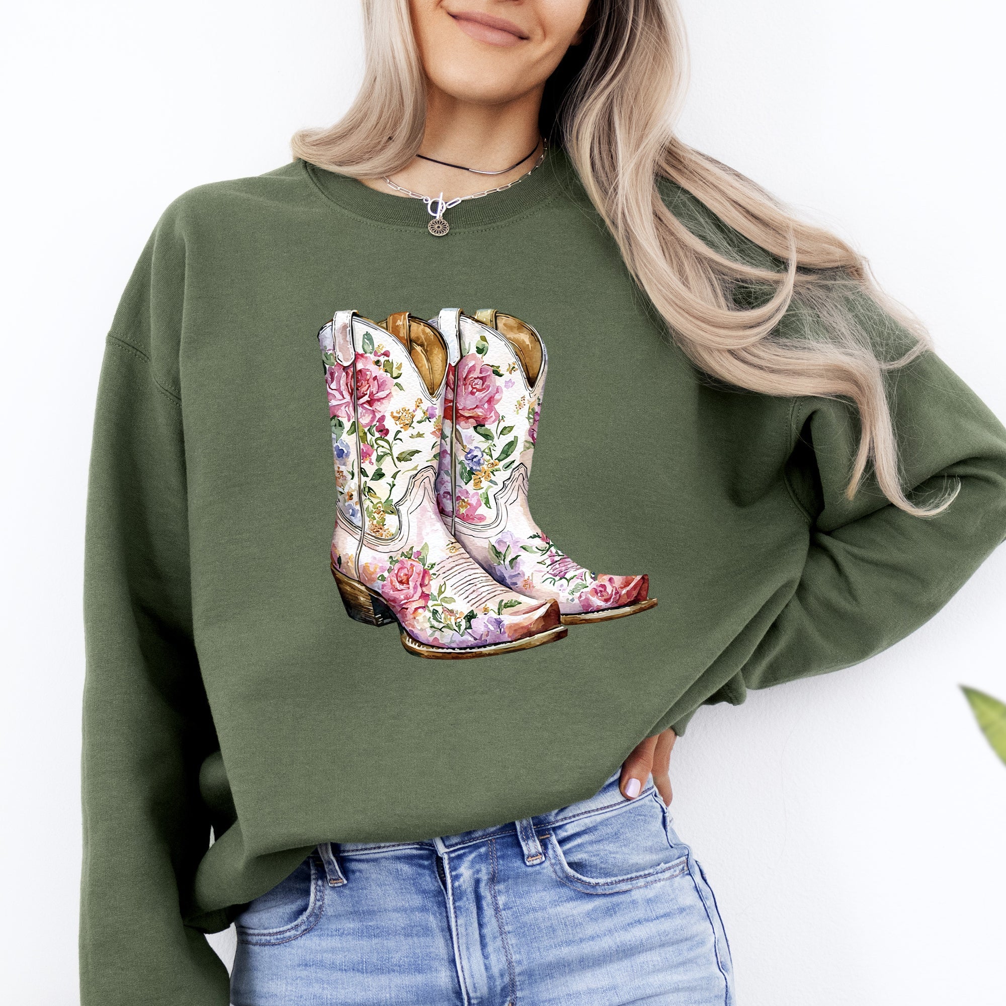 Cowgirl Boots Pink Floral Colorful Western Country Inspired Graphic Boho Style Sweatshirt