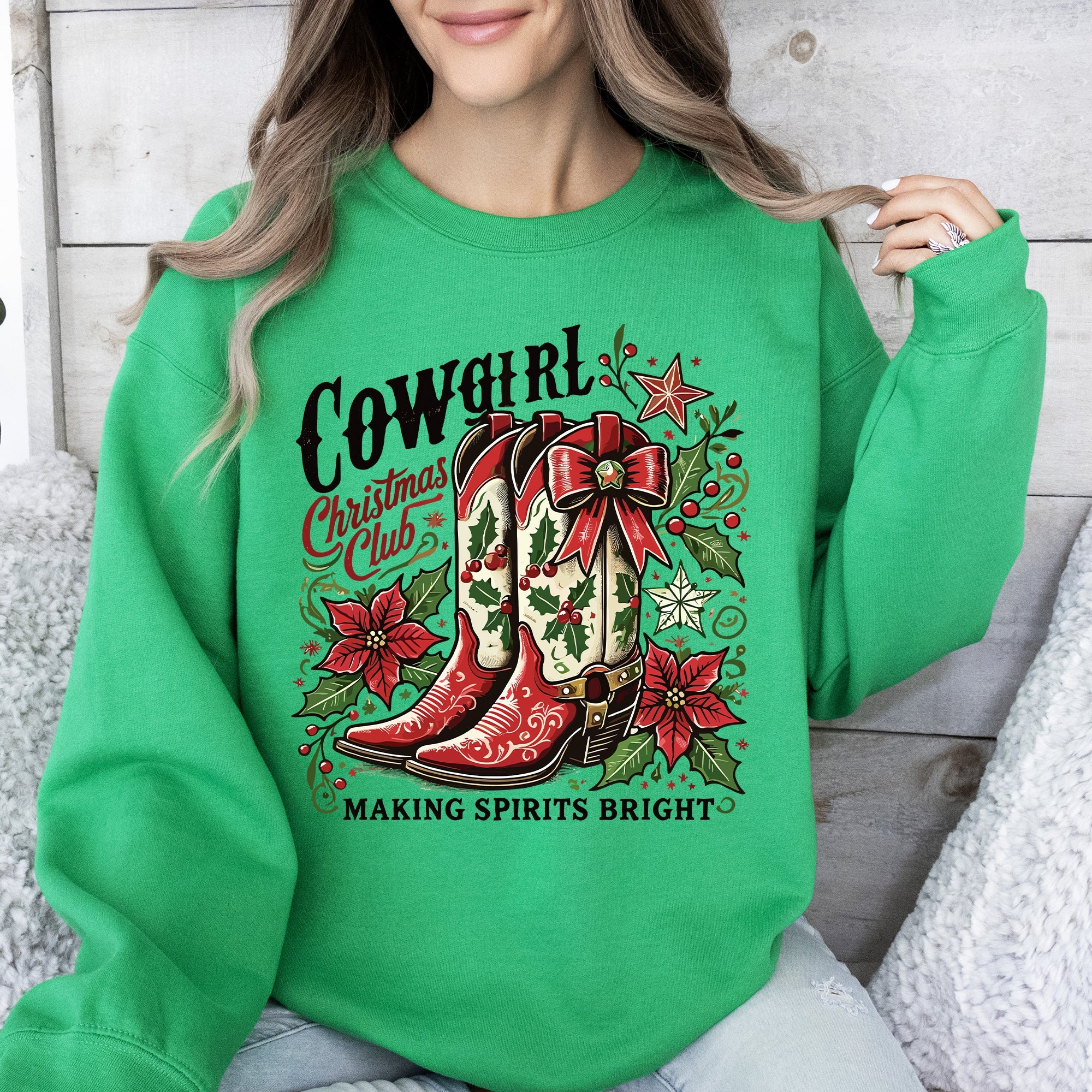 Cowgirl Christmas Club, Cowboy Boots, Western Santa, Flowers And Festive Western Flair For The Holidays Sweatshirt
