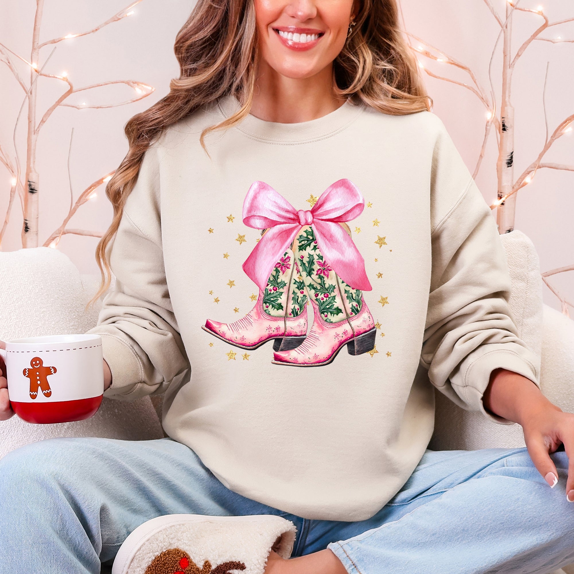Cowgirl Christmas Cowboy Boots Santa Ribbons Bows Western Country Holiday Sweatshirt