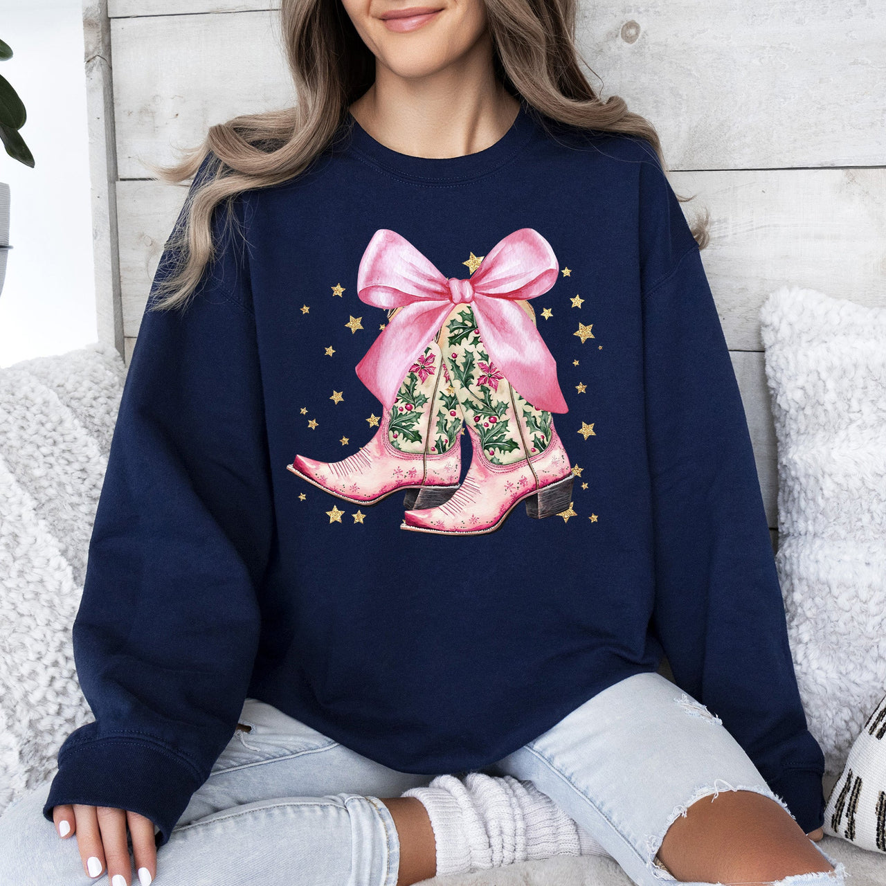Cowgirl Christmas Cowboy Boots Santa Ribbons Bows Western Country Holiday Sweatshirt