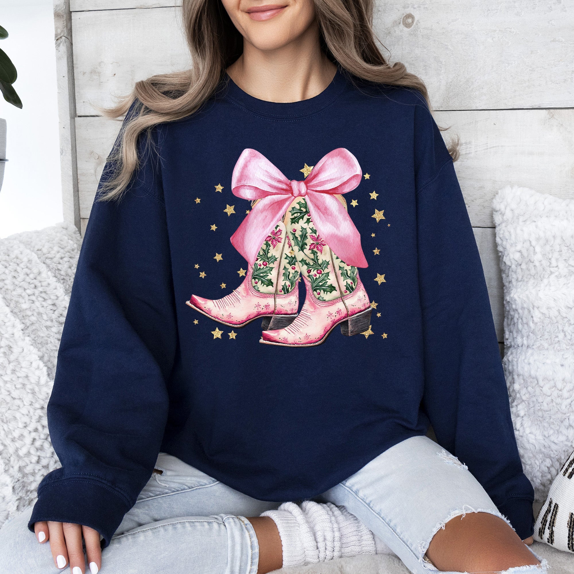 Cowgirl Christmas Cowboy Boots Santa Ribbons Bows Western Country Holiday Sweatshirt