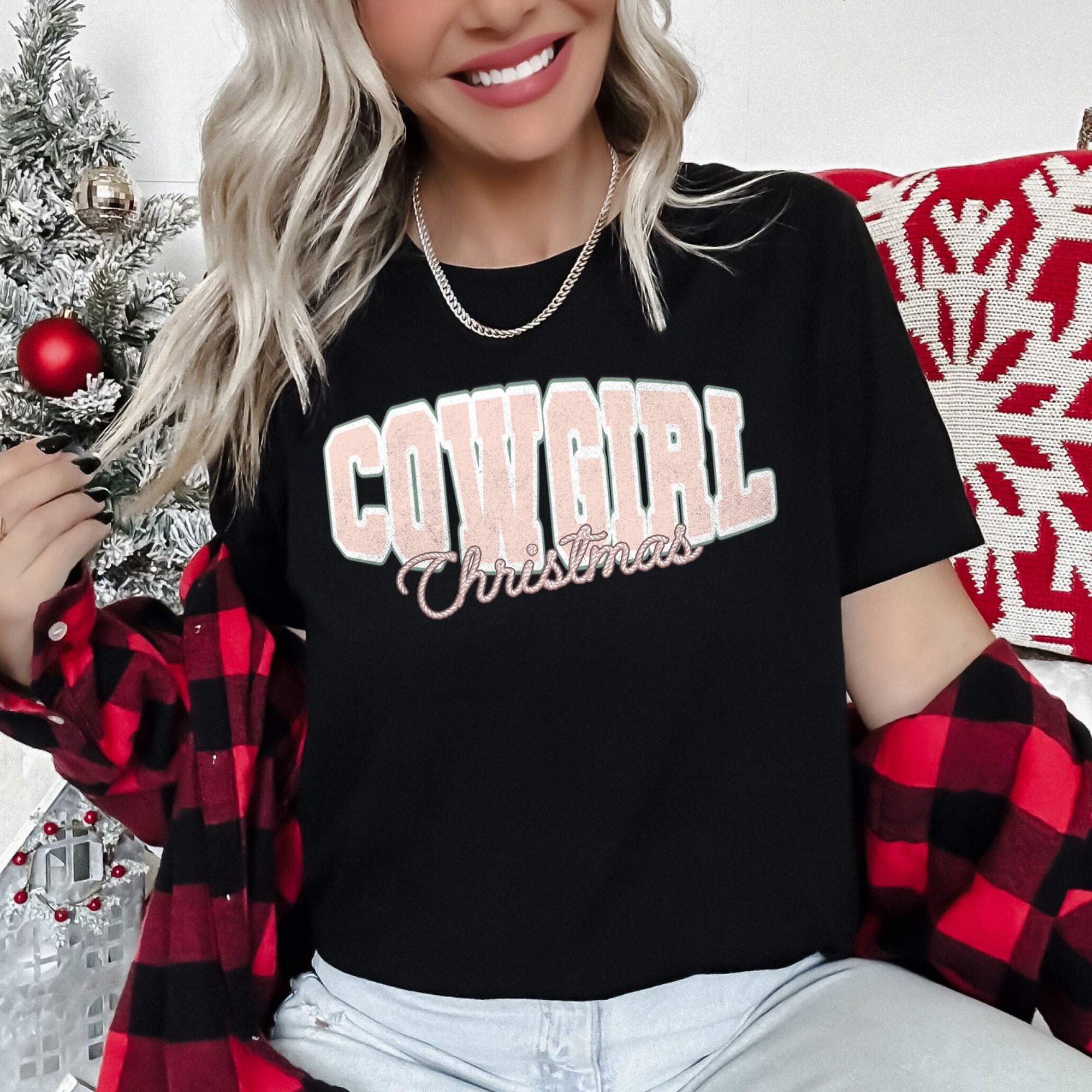Cowgirl Christmas Retro College Text Vintage Western Script Soft Cotton Graphic Tee