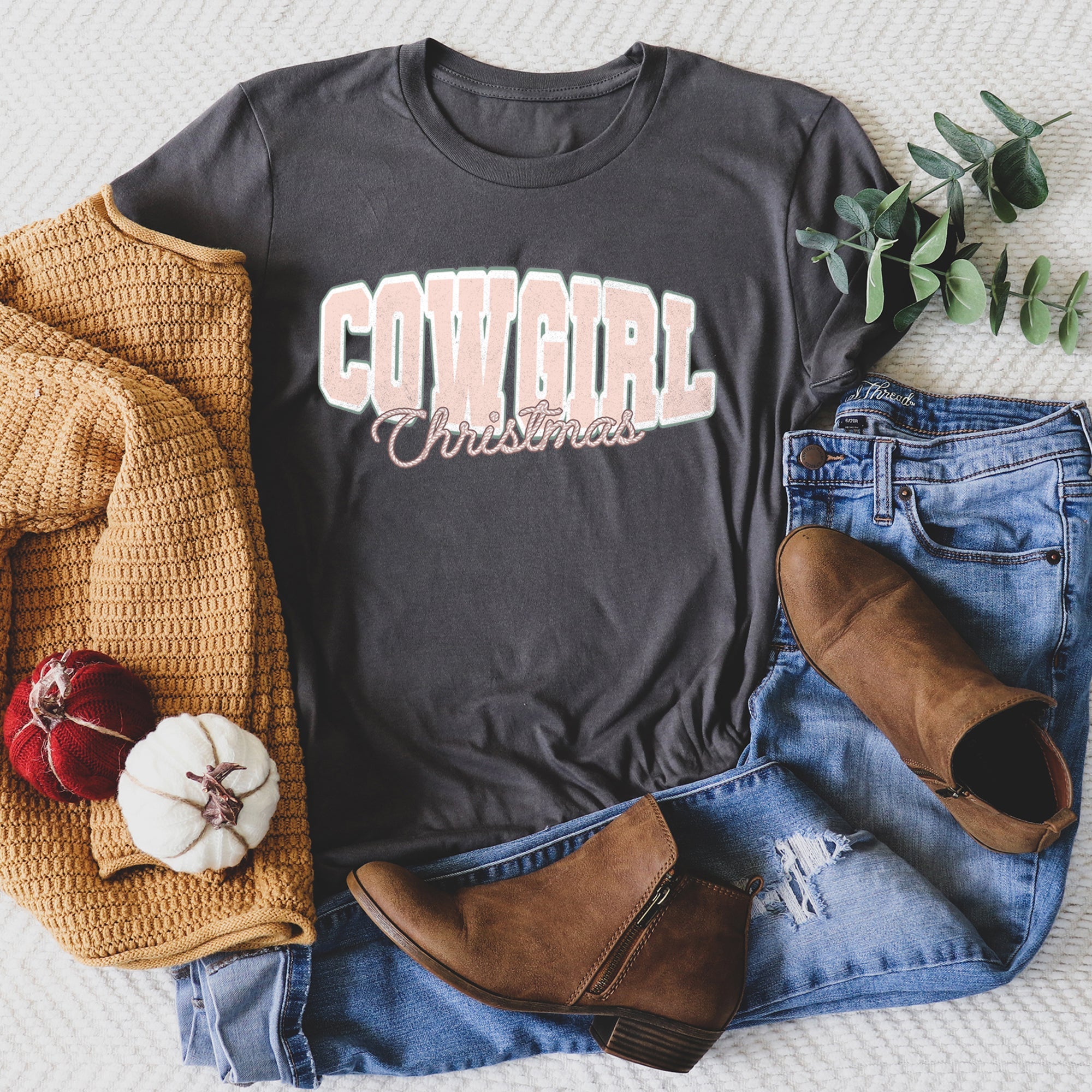 Cowgirl Christmas Retro College Text Vintage Western Script Soft Cotton Graphic Tee