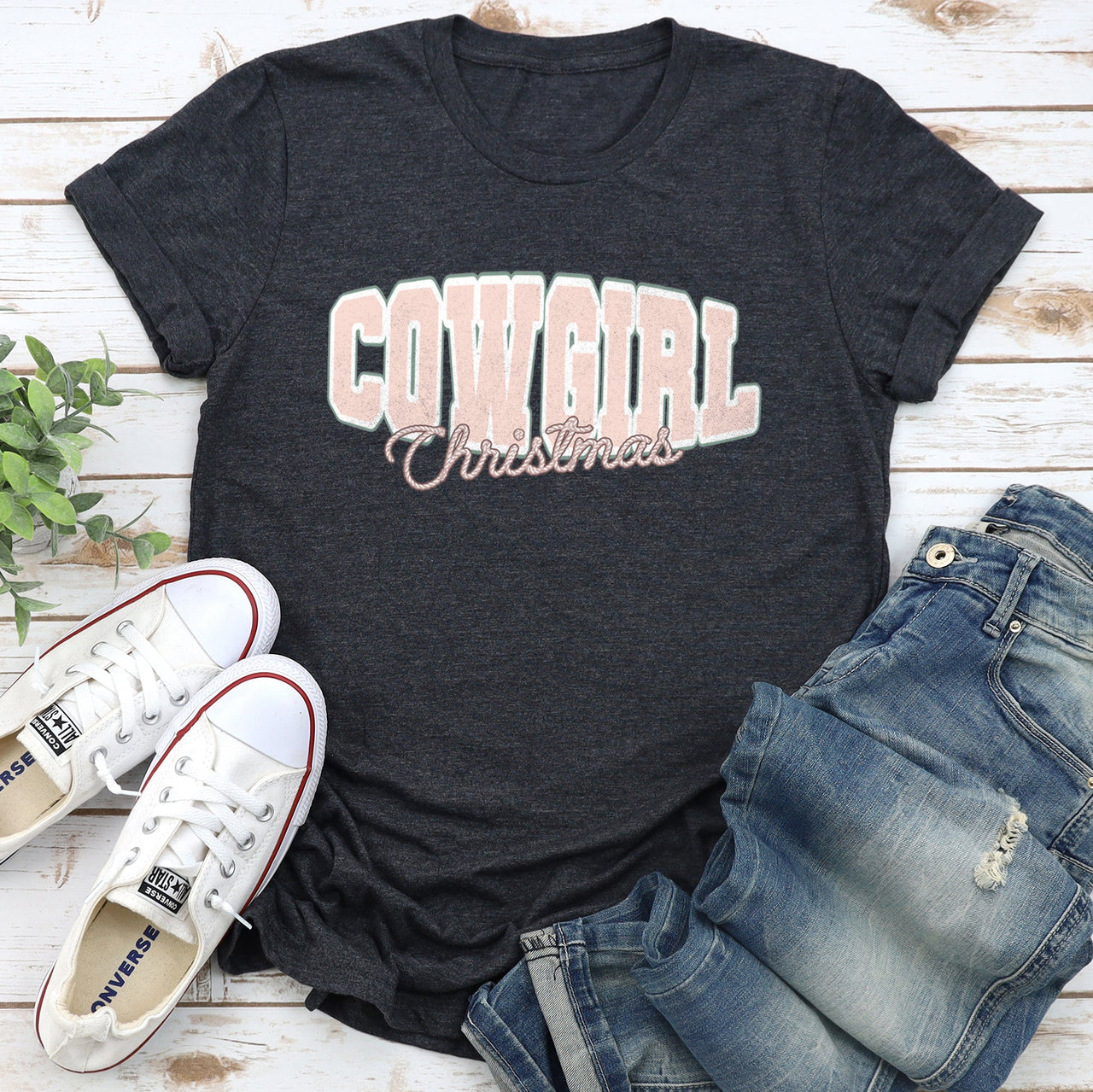 Cowgirl Christmas Retro College Text Vintage Western Script Soft Cotton Graphic Tee