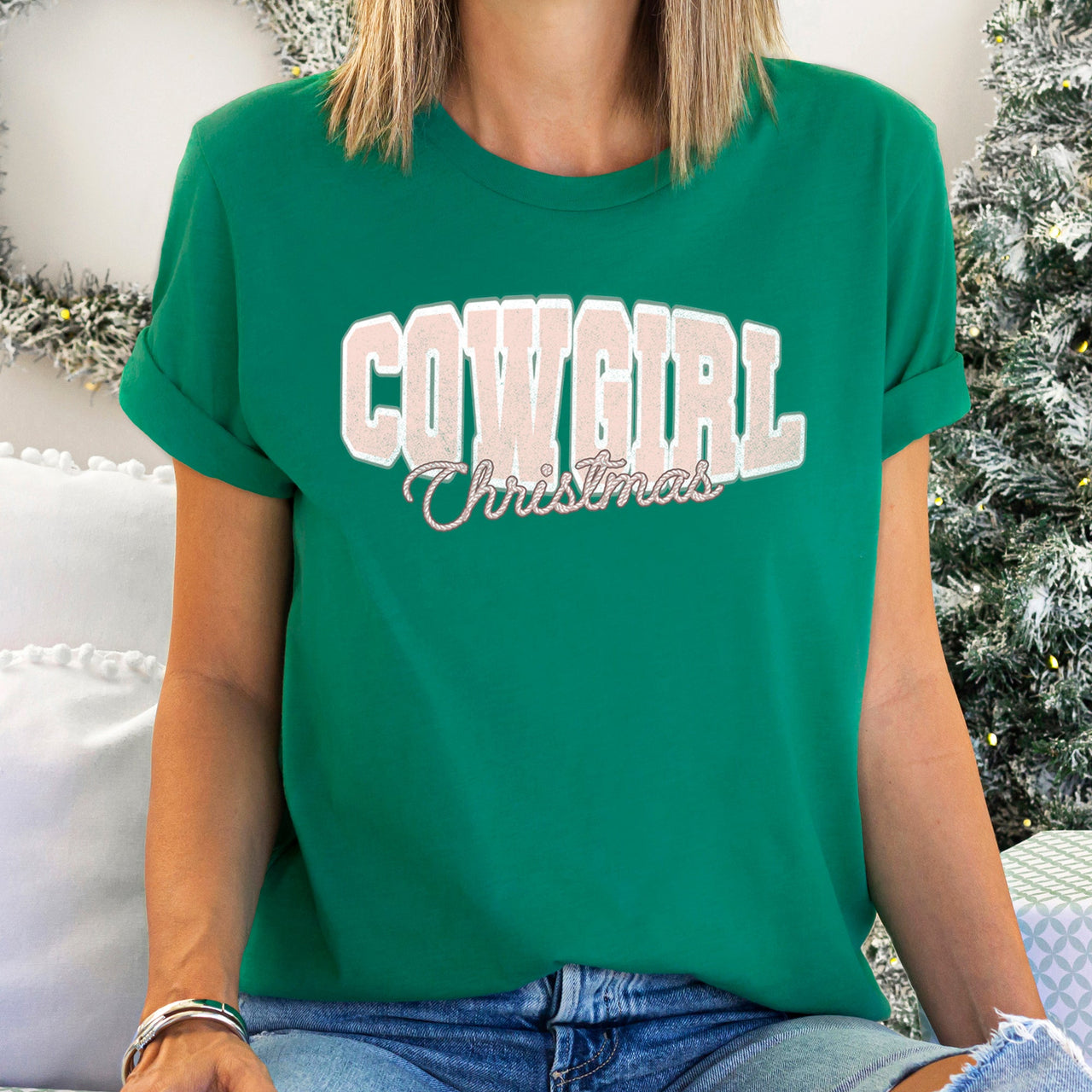 Cowgirl Christmas Retro College Text Vintage Western Script Soft Cotton Graphic Tee