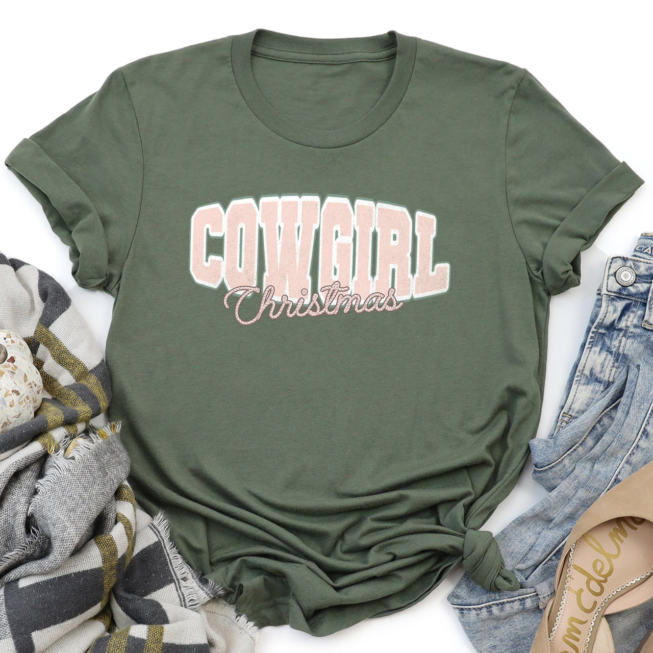 Cowgirl Christmas Retro College Text Vintage Western Script Soft Cotton Graphic Tee