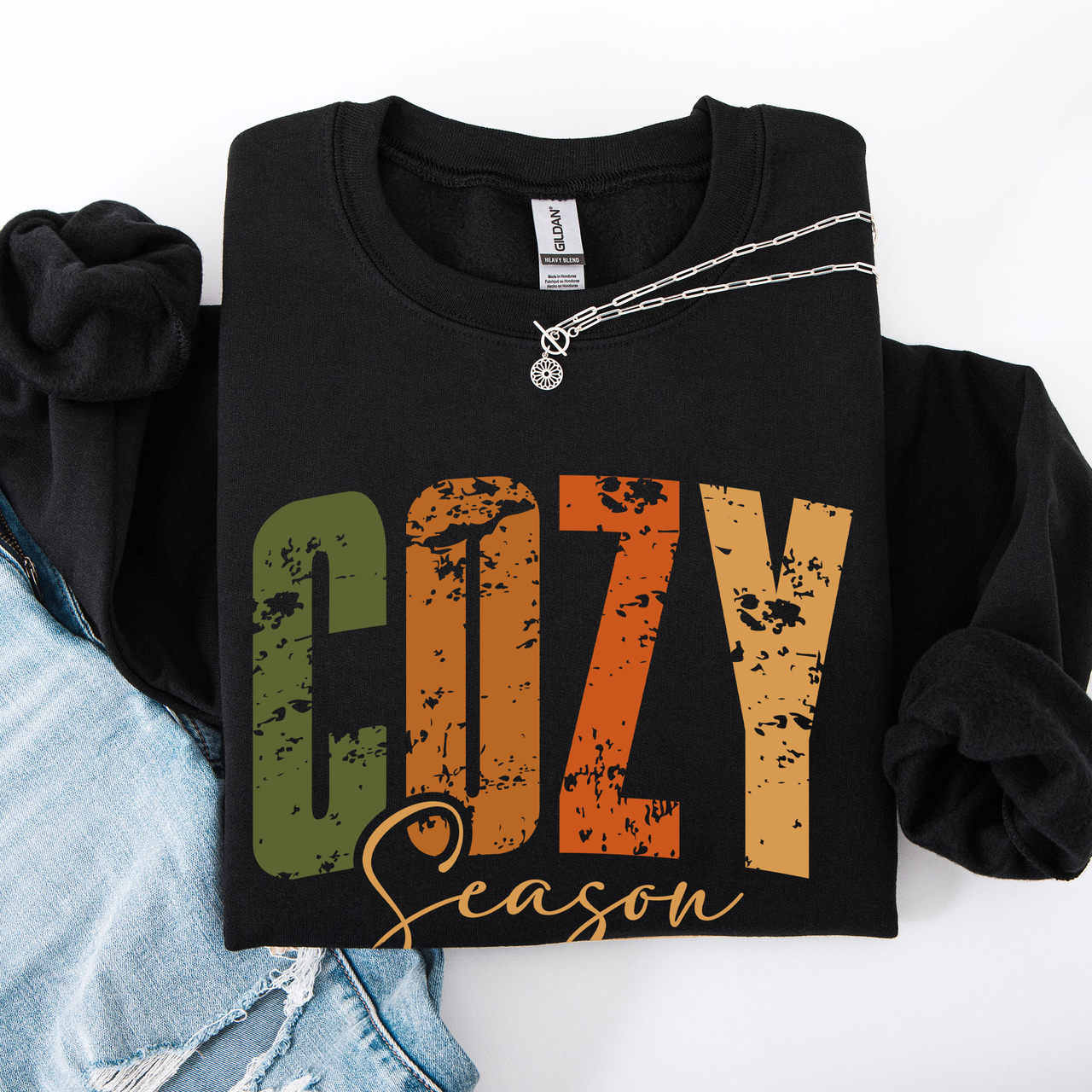 Cozy Season Fall Vibes Retro Varsity Autumn Pumpkin Floral Sunflower Motif Vintage Lettering Sweatshirt