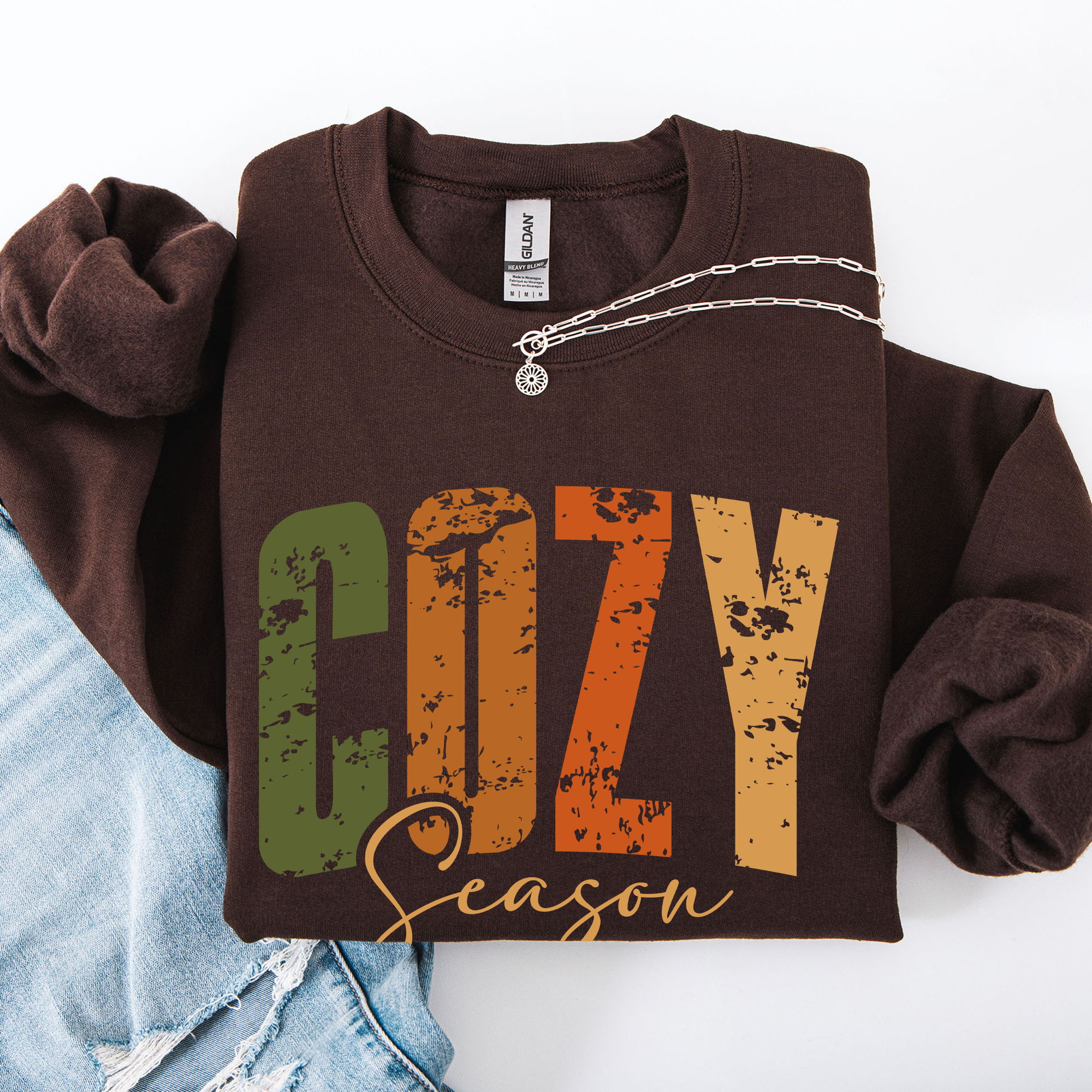 Cozy Season Fall Vibes Retro Varsity Autumn Pumpkin Floral Sunflower Motif Vintage Lettering Sweatshirt