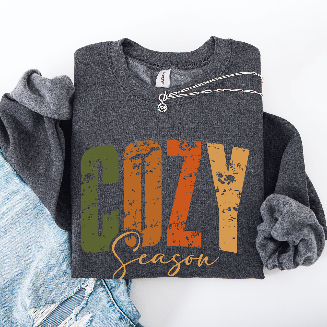Cozy Season Fall Vibes Retro Varsity Autumn Pumpkin Floral Sunflower Motif Vintage Lettering Sweatshirt