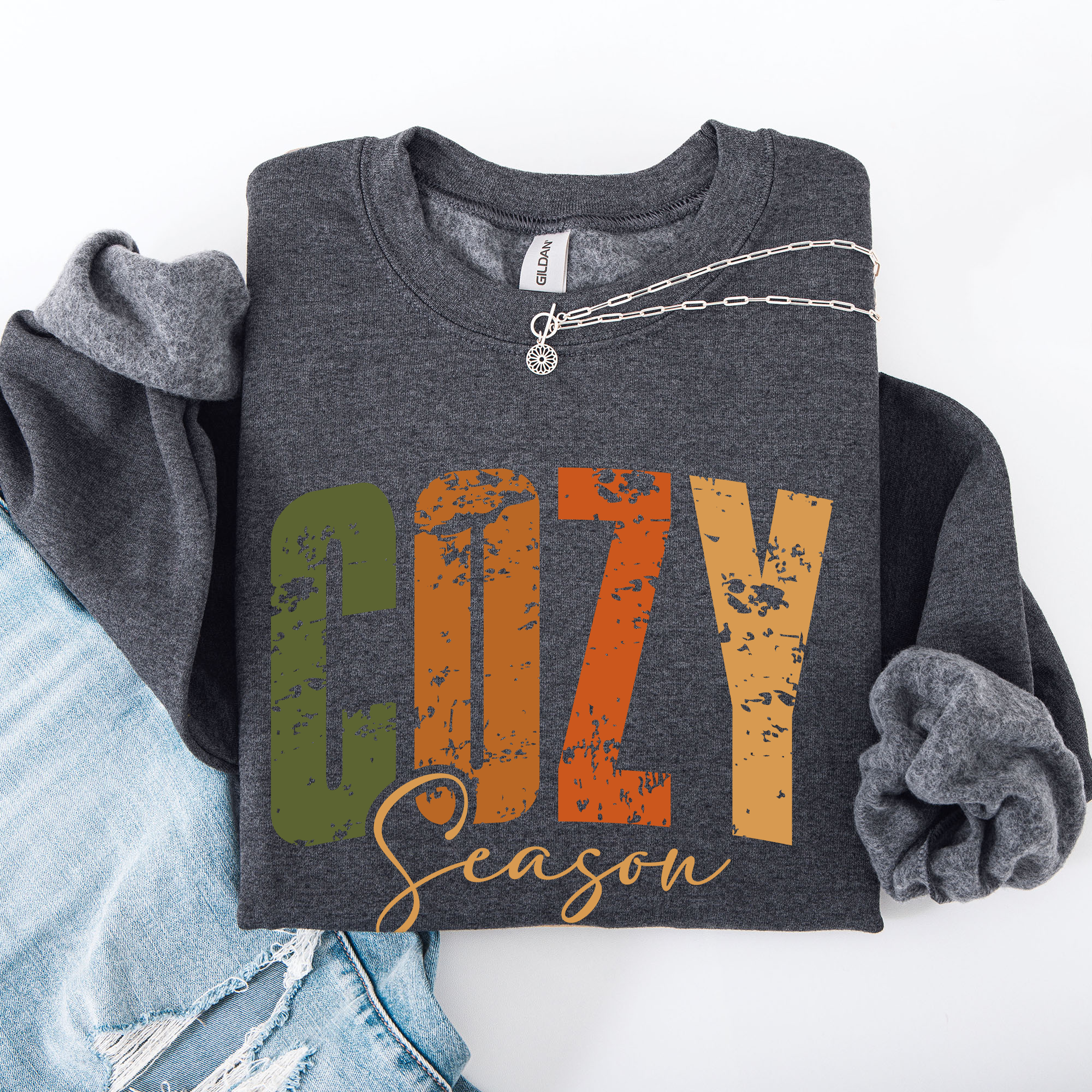 Cozy Season Fall Vibes Retro Varsity Autumn Pumpkin Floral Sunflower Motif Vintage Lettering Sweatshirt