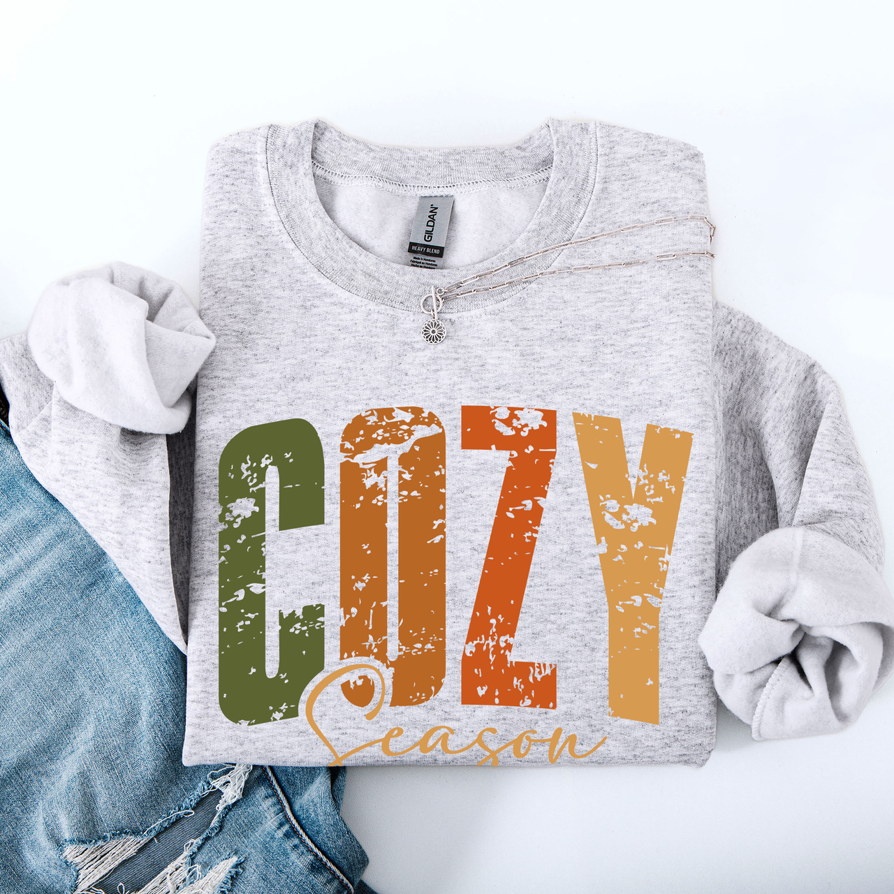 Cozy Season Fall Vibes Retro Varsity Autumn Pumpkin Floral Sunflower Motif Vintage Lettering Sweatshirt