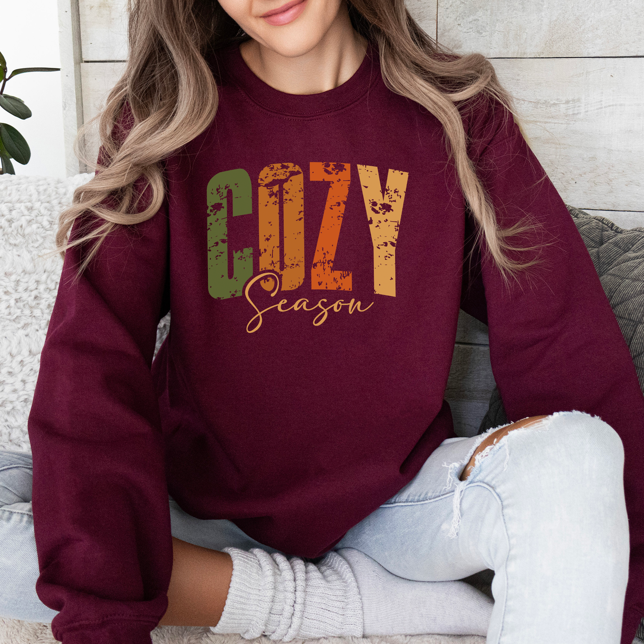 Cozy Season Fall Vibes Retro Varsity Autumn Pumpkin Floral Sunflower Motif Vintage Lettering Sweatshirt