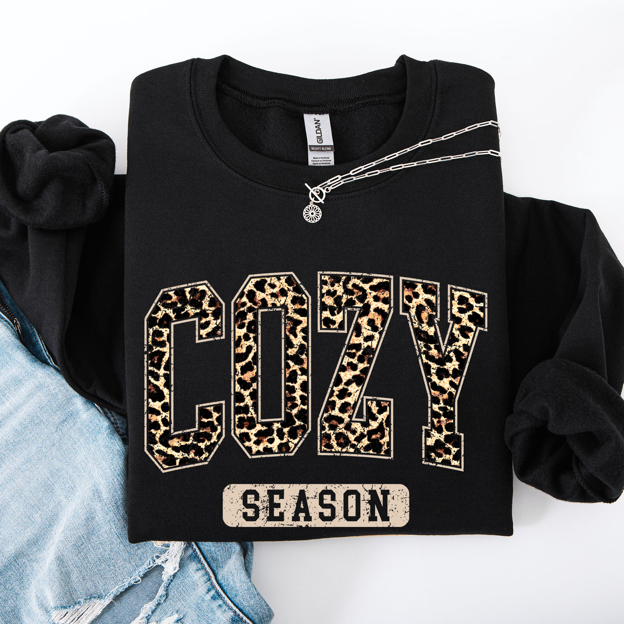 Cozy Season Leopard Print Autumn Florals Sunflowers Pumpkins Halloween Inspired Sweatshirt