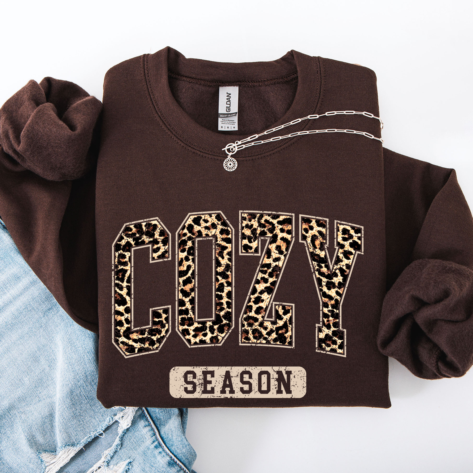 Cozy Season Leopard Print Autumn Florals Sunflowers Pumpkins Halloween Inspired Sweatshirt