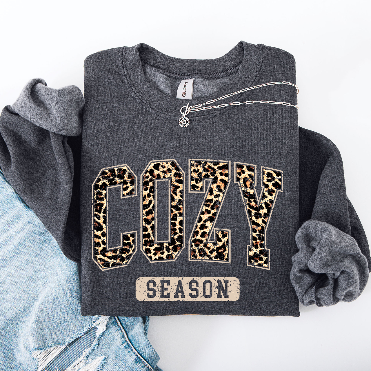 Cozy Season Leopard Print Autumn Florals Sunflowers Pumpkins Halloween Inspired Sweatshirt