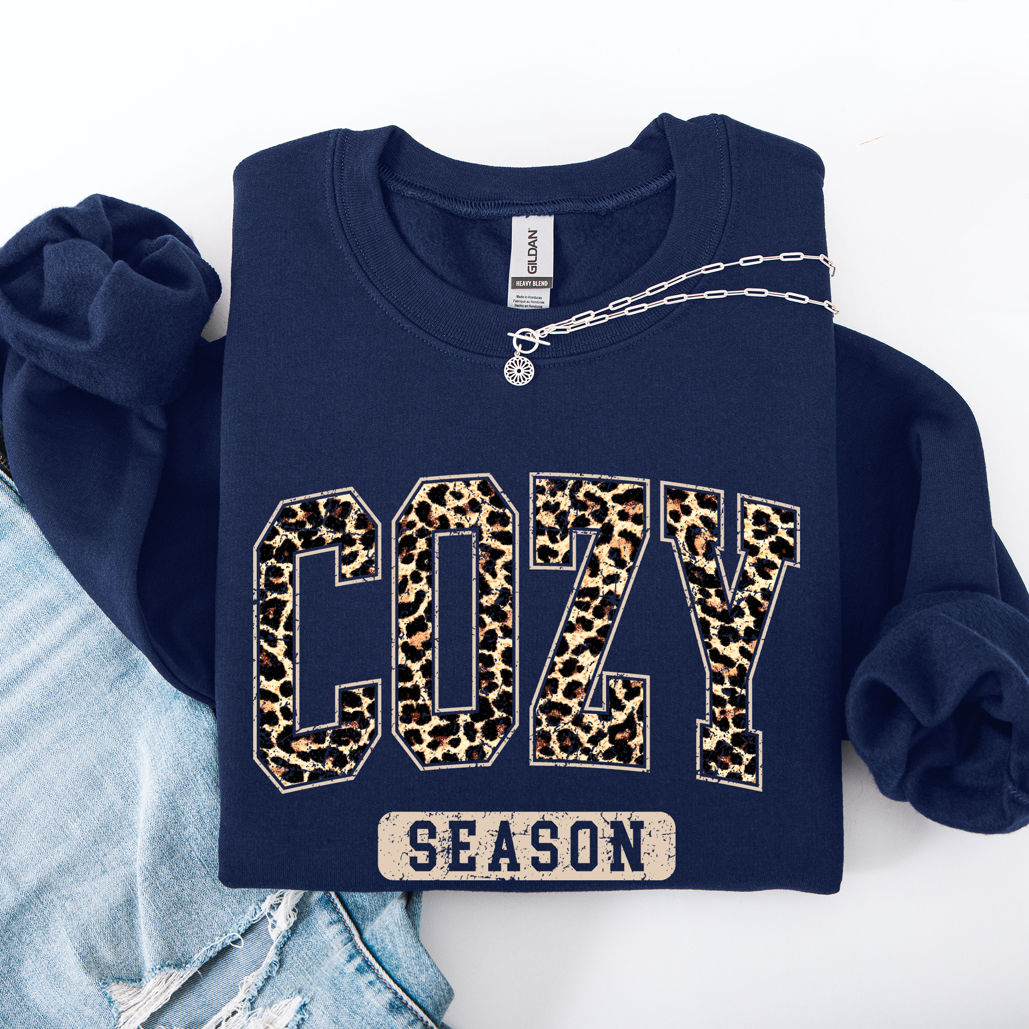 Cozy Season Leopard Print Autumn Florals Sunflowers Pumpkins Halloween Inspired Sweatshirt