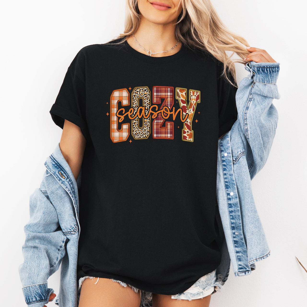 Cozy Season Patterns Fall Vibes Retro Varsity Autumn Pumpkin Seasonal Graphic Tee