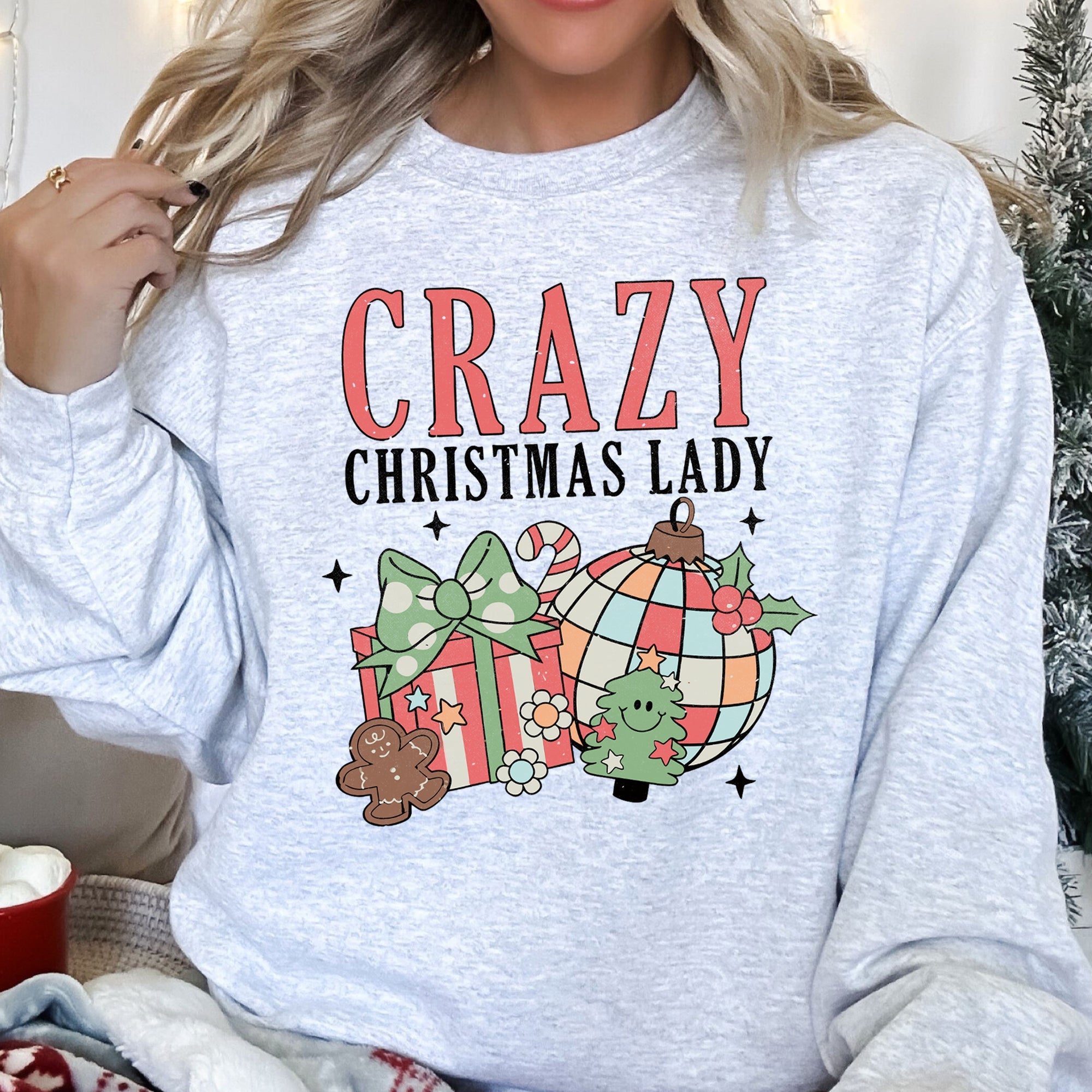 Crazy Christmas Lady Retro Festive Snowflake Print And Jolly Ornament Artwork Graphic Sweatshirt