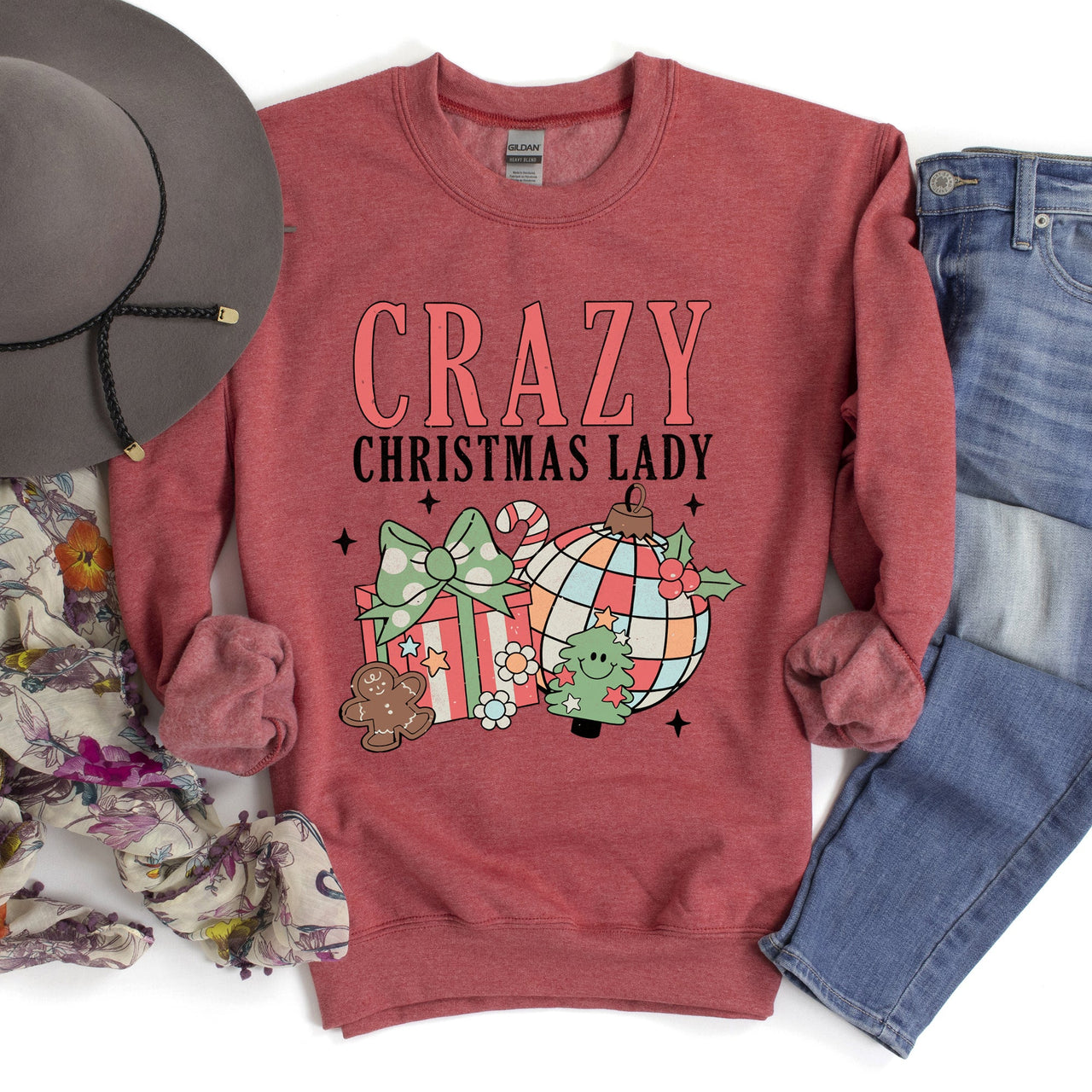 Crazy Christmas Lady Retro Festive Snowflake Print And Jolly Ornament Artwork Graphic Sweatshirt