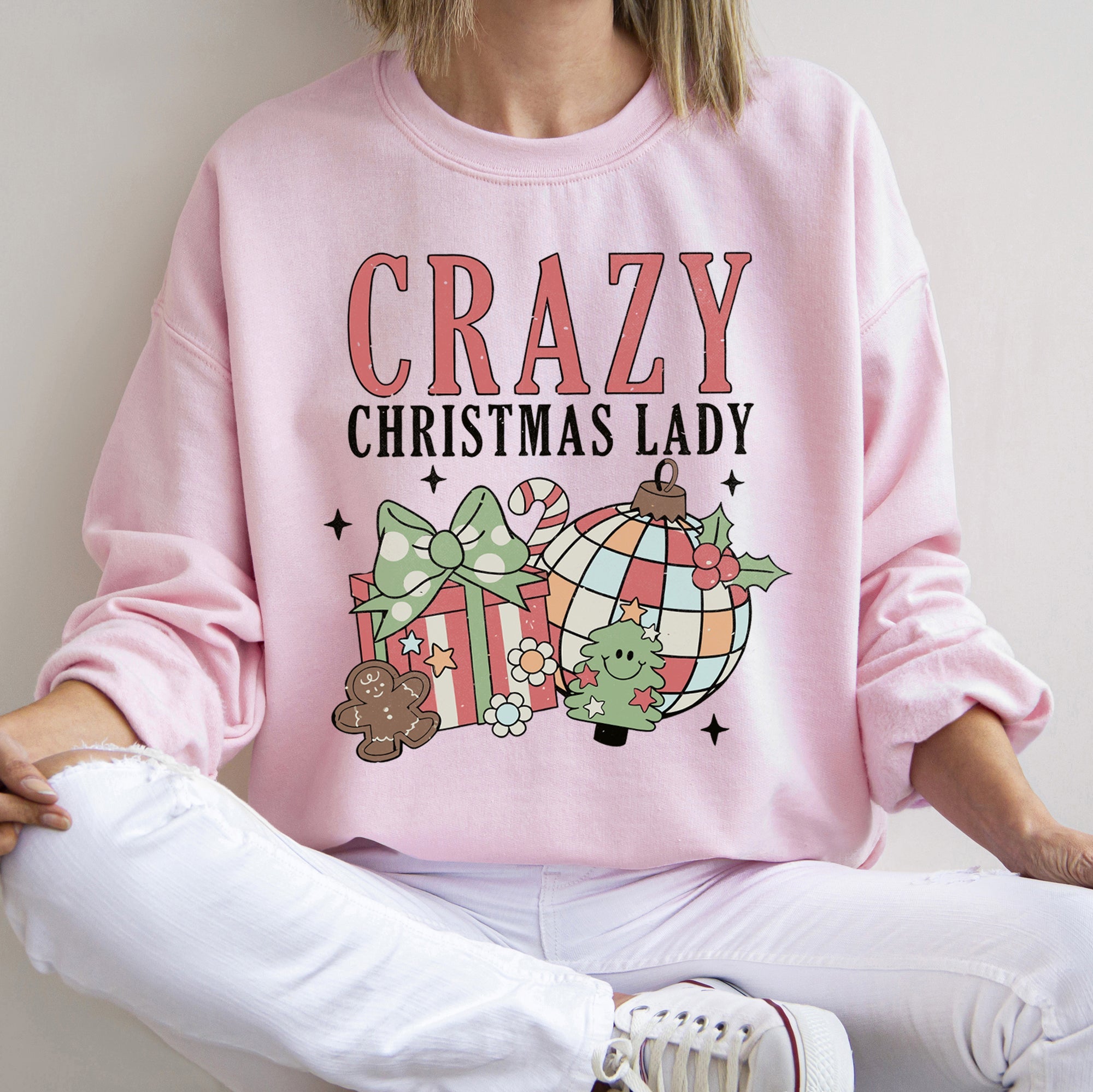 Crazy Christmas Lady Retro Festive Snowflake Print And Jolly Ornament Artwork Graphic Sweatshirt