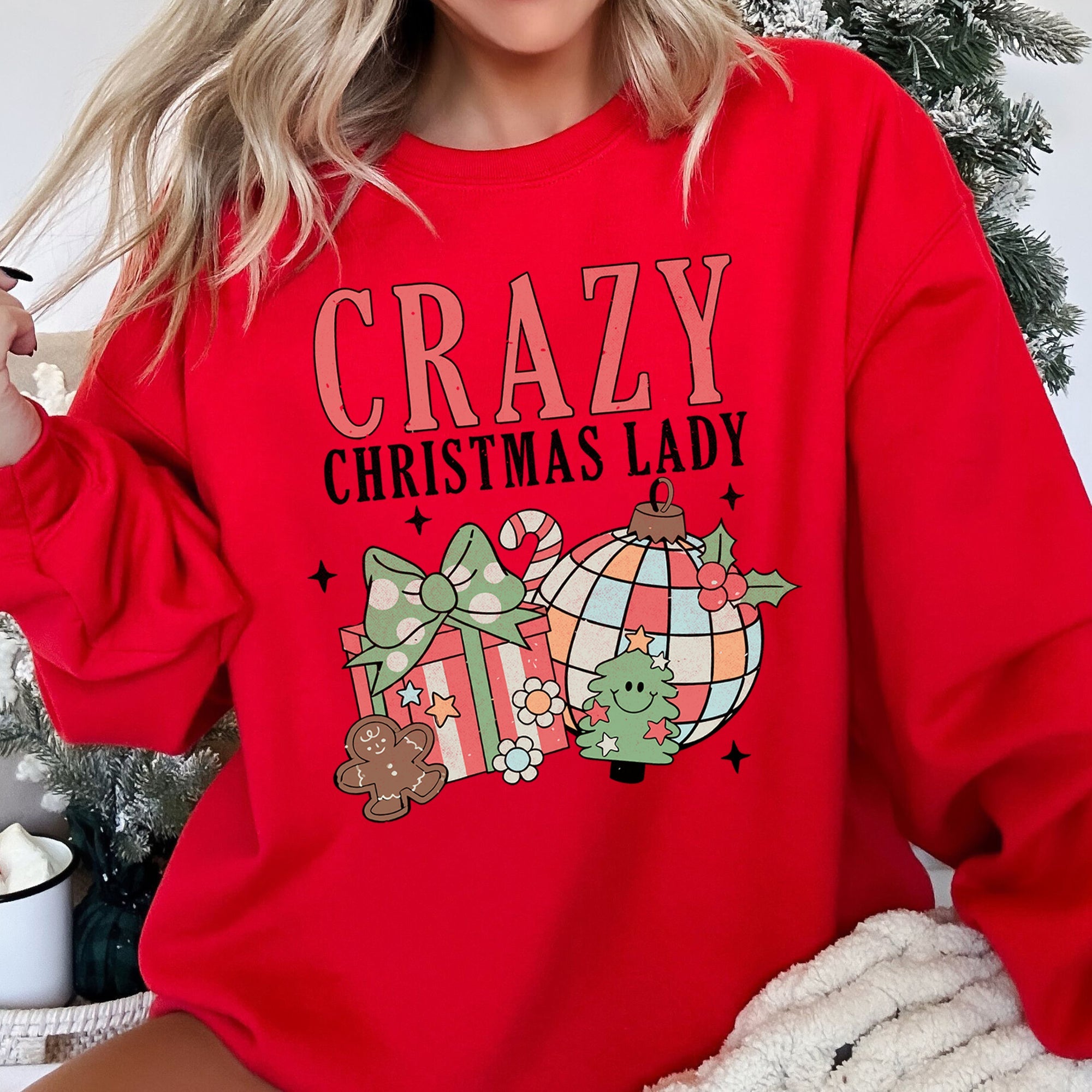 Crazy Christmas Lady Retro Festive Snowflake Print And Jolly Ornament Artwork Graphic Sweatshirt