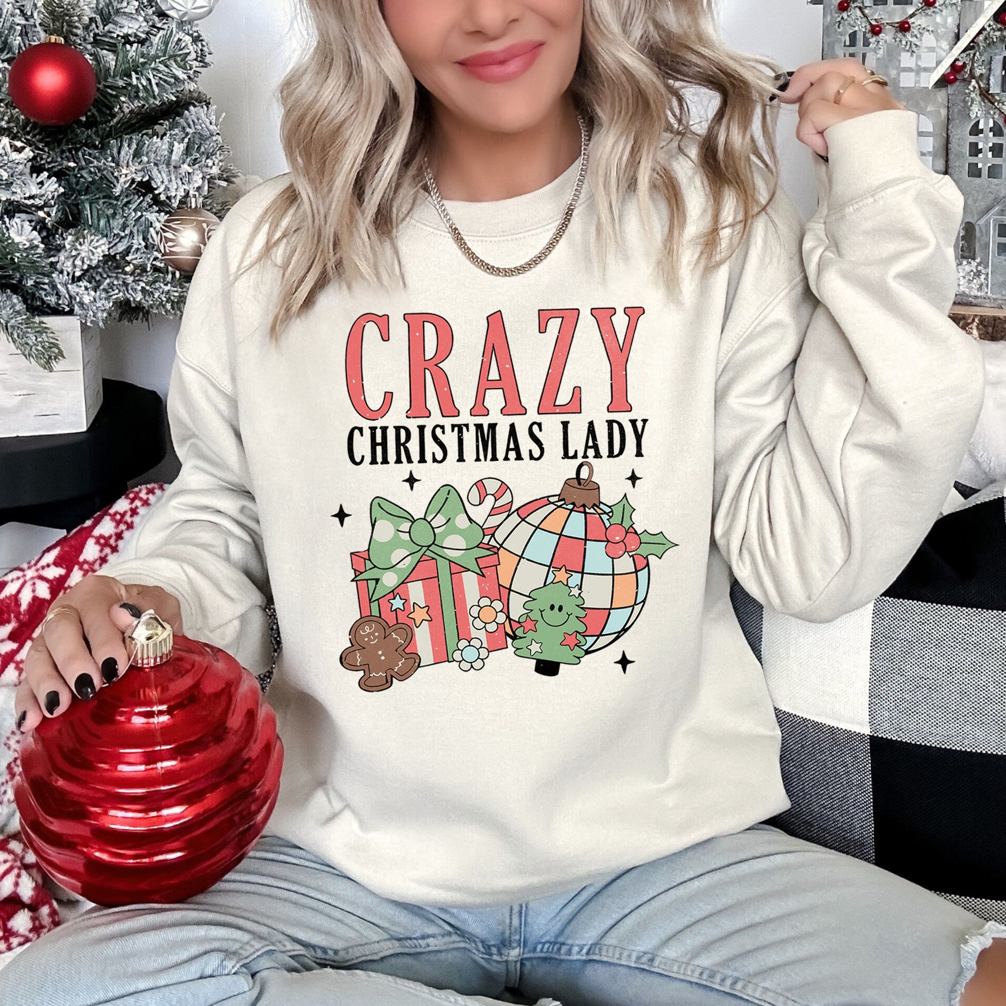 Crazy Christmas Lady Retro Festive Snowflake Print And Jolly Ornament Artwork Graphic Sweatshirt