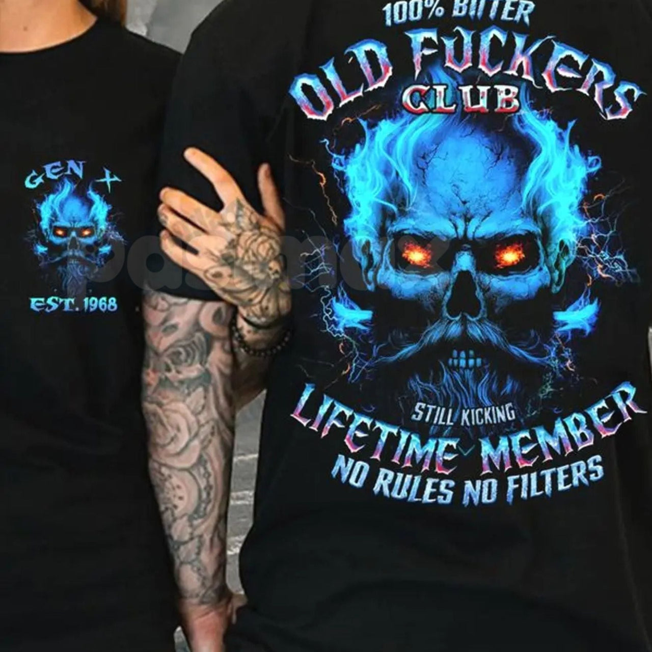 Crazymoda Generation X 100% Bitter Old F*ckers Club Custom Year Skull T-shirt - Rude Gen X Slogan Tee, Sarcastic Old Fart Humor Apparel, Custom Birth Year Gift