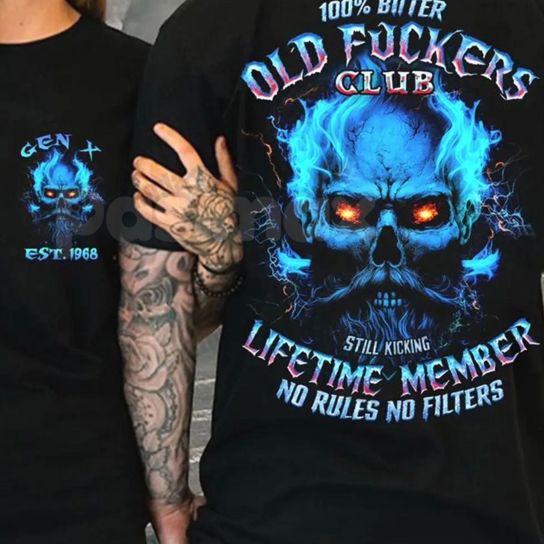 Crazymoda Generation X 100% Bitter Old F*ckers Club Custom Year Skull T-shirt - Rude Gen X Slogan Tee, Sarcastic Old Fart Humor Apparel, Custom Birth Year Gift