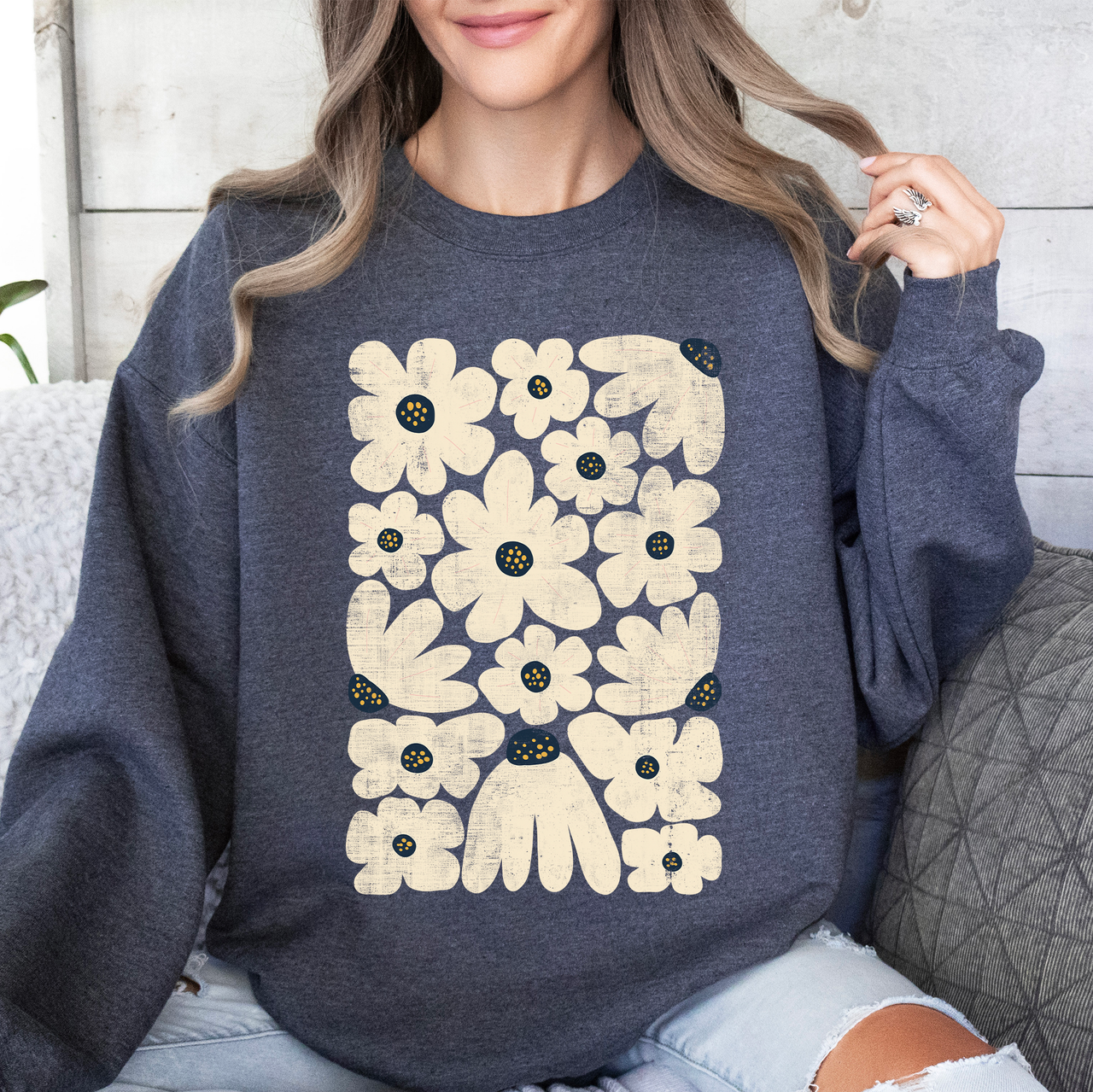 Cream Daisy Allover Floral Vintage Boho Nature Inspired Cozy Fall Print Sweatshirt