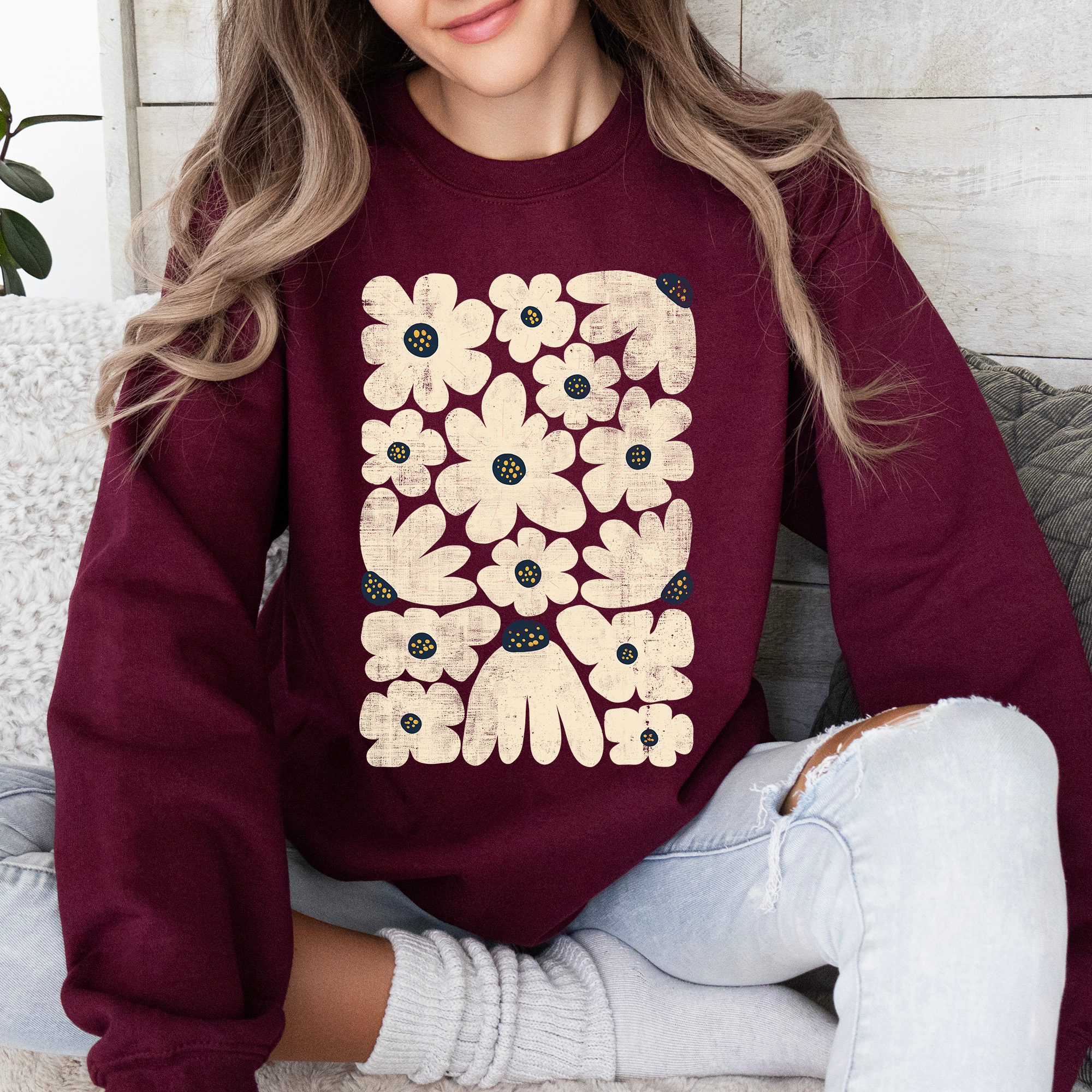 Cream Daisy Allover Floral Vintage Boho Nature Inspired Cozy Fall Print Sweatshirt