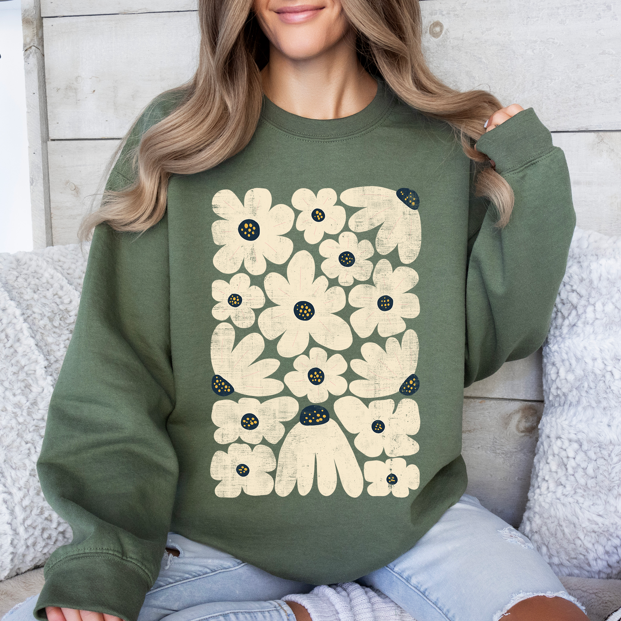 Cream Daisy Allover Floral Vintage Boho Nature Inspired Cozy Fall Print Sweatshirt