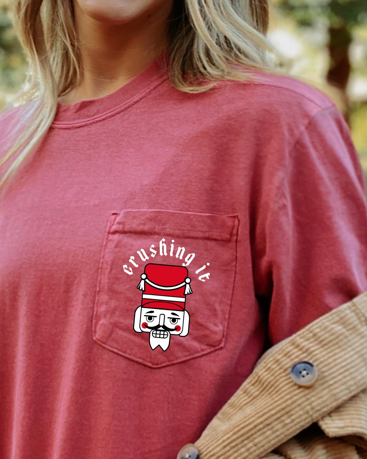 Crushing It Nutcracker Christmas Santa Snow Winter Xmas Festive Pocket Print Comfort Colors Tee