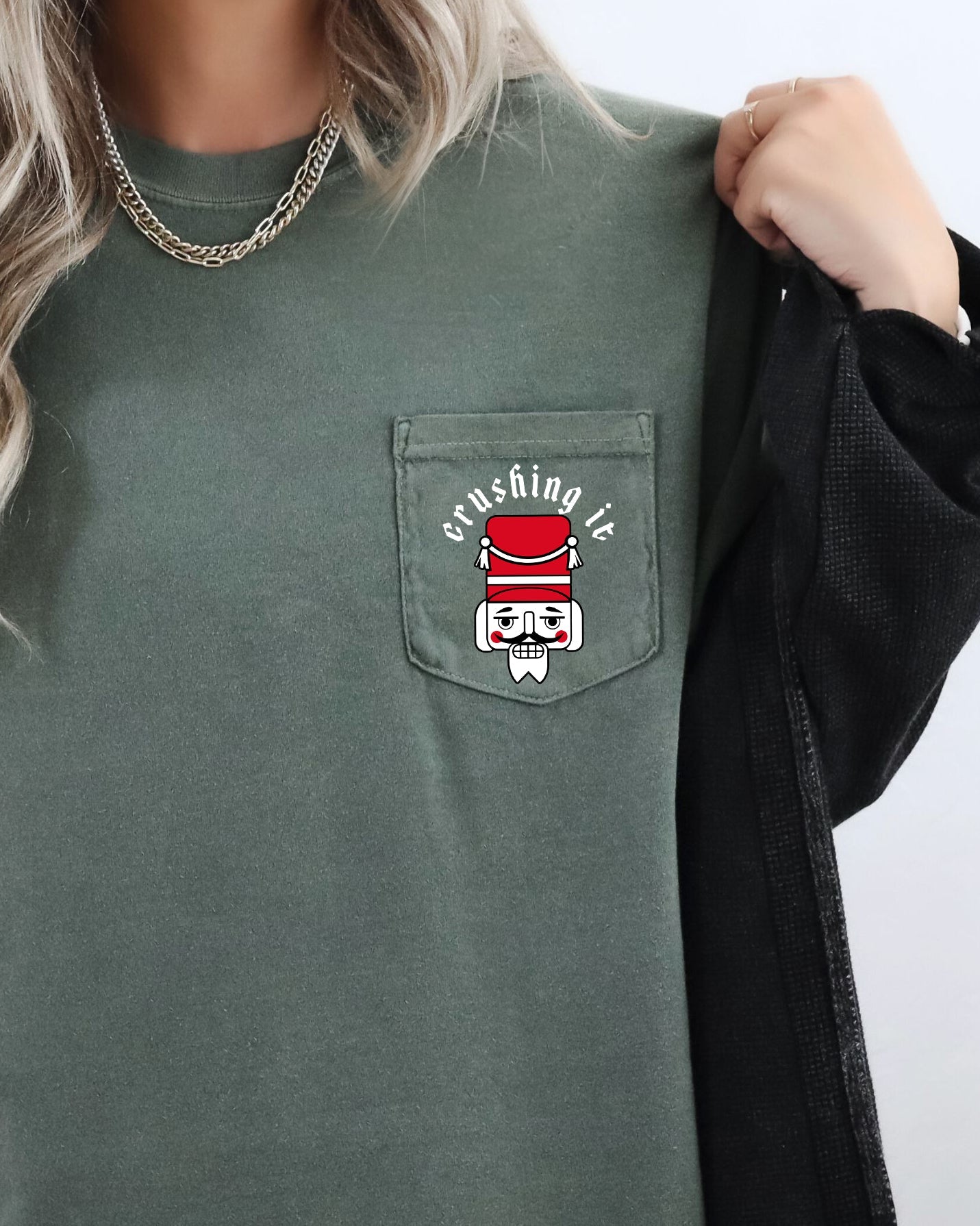 Crushing It Nutcracker Christmas Santa Snow Winter Xmas Festive Pocket Print Comfort Colors Tee