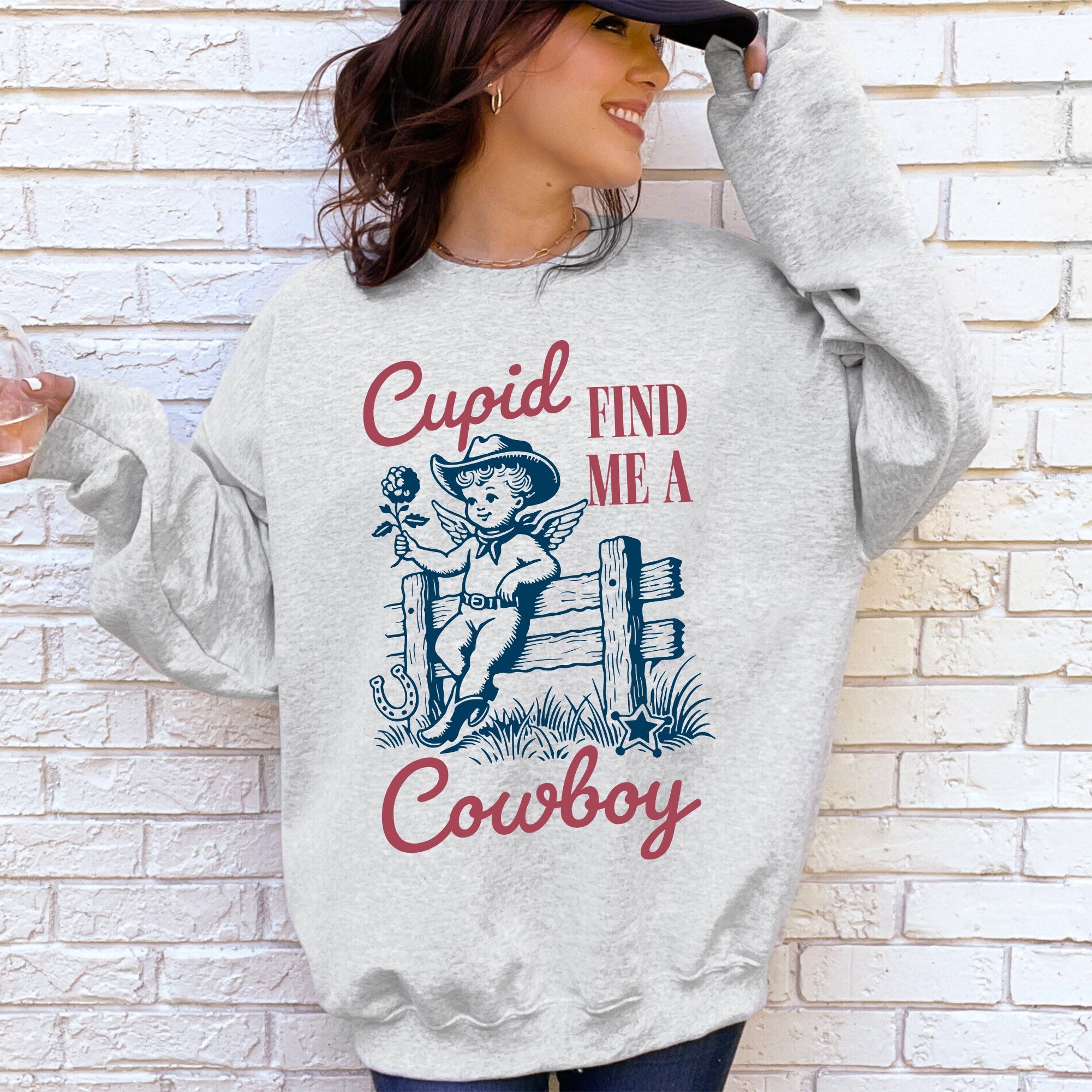 Cupid Find Me A Cowboy Western Love Heart Valentine's Day Theme Graphic Print Premium Sweatshirt