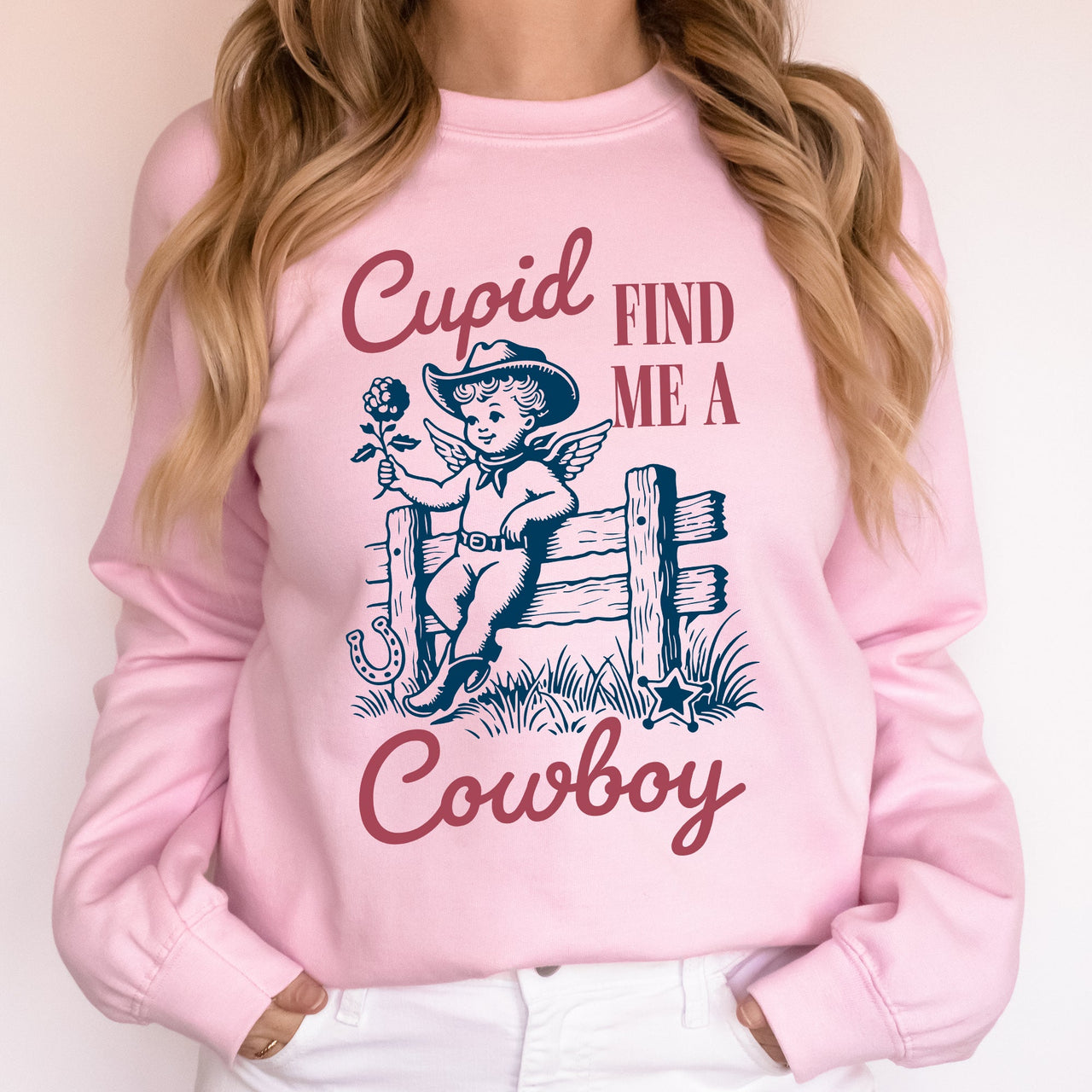 Cupid Find Me A Cowboy Western Love Heart Valentine's Day Theme Graphic Print Premium Sweatshirt