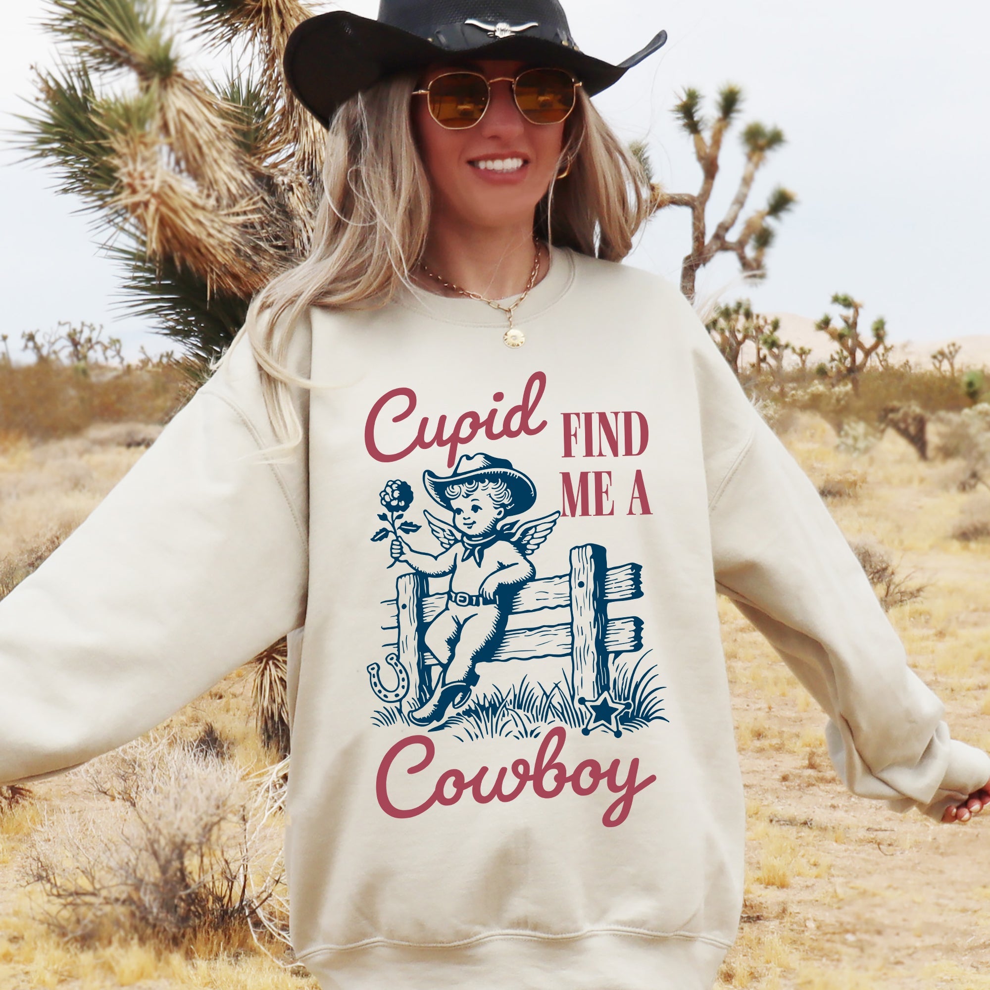 Cupid Find Me A Cowboy Western Love Heart Valentine's Day Theme Graphic Print Premium Sweatshirt